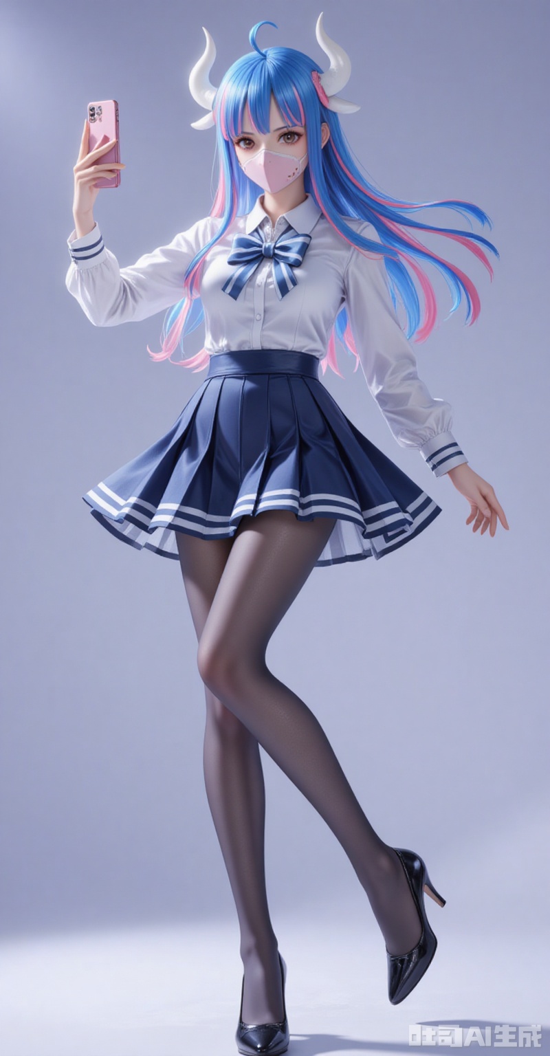 lvjing,pifu,Ulti\(one piece\),lvjing,baoshi,lvjing,blue hair,two-tone hair,pink hair,brown eyes,horns,white horn,mouth_mask,fair_skin,
1girl, pantyhose, solo, school uniform, skirt, phone, selfie, cellphone, serafuku, smartphone, holding phone, black pantyhose, high heels, full body, holding, bow, crossed legs, standing, 3/4 view,
cover,simple background,gradient_background,Close-up details,outstanding style,adding a touch of dimension to your images without compromising details,close-up,
