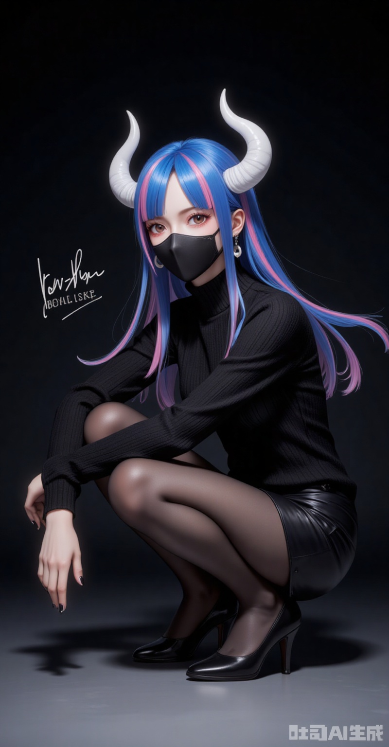 lvjing,pifu,Ulti\(one piece\),lvjing,baoshi,lvjing,blue hair,two-tone hair,pink hair,brown eyes,horns,white horn,mouth_mask,fair_skin,
1girl,solo,pantyhose,high heels,looking at viewer,black footwear,squatting,sweater,quad tails,full body,black sweater,earrings,signature,black nails,long sleeves,parted bangs,jewelry,pencil skirt,skirt,bangs,turtleneck,nail polish,black pantyhose,dress,(Black background:1.2),simple background,

cover,simple background,gradient_background,Close-up details,outstanding style,adding a touch of dimension to your images without compromising details,close-up,
