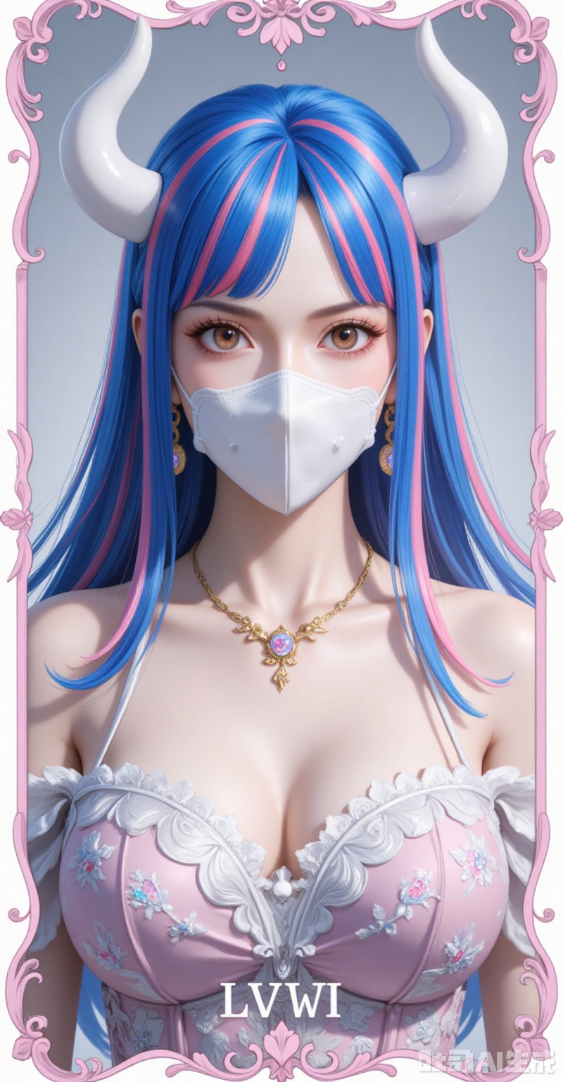 lvjing,pifu,Ulti\(one piece\),lvjing,baoshi,lvjing,blue hair,two-tone hair,pink hair,brown eyes,horns,white horn,mouth_mask,fair_skin,
1girl,solo,earrings,jewelry,looking at viewer,breasts,tarot,collarbone,upper body,dress,closed mouth,card \(medium\),tarot \(medium\),frills,border,
cover,simple background,gradient_background,Close-up details,outstanding style,adding a touch of dimension to your images without compromising details,close-up,
