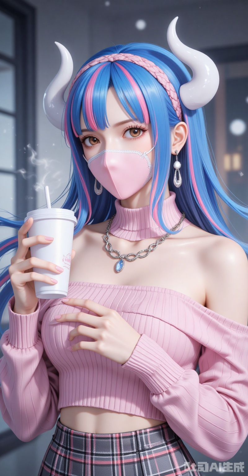 lvjing,pifu,Ulti\(one piece\),lvjing,baoshi,lvjing,blue hair,two-tone hair,pink hair,brown eyes,horns,white horn,mouth_mask,fair_skin,
1girl,solo,jewelry,navel,looking at viewer,sweater,holding,cup,necklace,holding cup,earrings,midriff,disposable cup,bare shoulders,hairband,off shoulder,crop top,skirt,plaid,pink sweater,plaid skirt,long sleeves,closed mouth,indoors,blurry background,breasts,shirt,blurry,turtleneck,cover,simple background,gradient_background,Close-up details,outstanding style,adding a touch of dimension to your images without compromising details,close-up,
