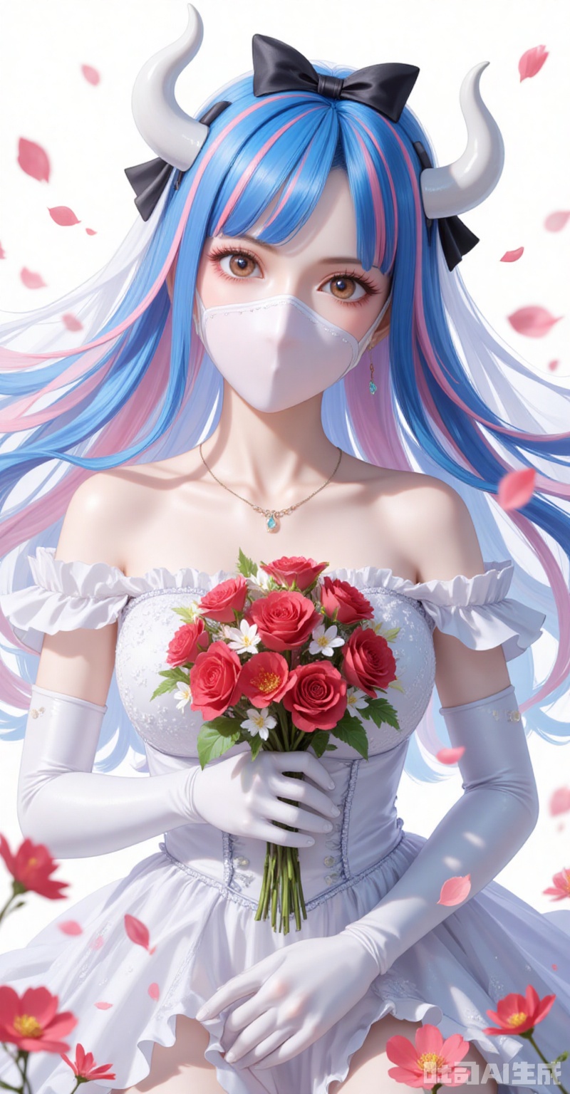 lvjing,pifu,Ulti\(one piece\),lvjing,baoshi,lvjing,blue hair,two-tone hair,pink hair,brown eyes,horns,white horn,mouth_mask,fair_skin,
elbow_gloves,frilled_skirt,holding_bouquet,highres,cherry_blossoms,strapless_dress,white_gloves,looking_at_viewer,red_flower,solo,collarbone,own_hands_together,:d,white_background,backlighting,black_bow,bare_shoulders,frilled_dress,hair_bow,wedding_dress,commentary_request,1girl,petals,simple_background,blush,cowboy_shot,
cover,simple background,gradient_background,Close-up details,outstanding style,adding a touch of dimension to your images without compromising details,close-up,
