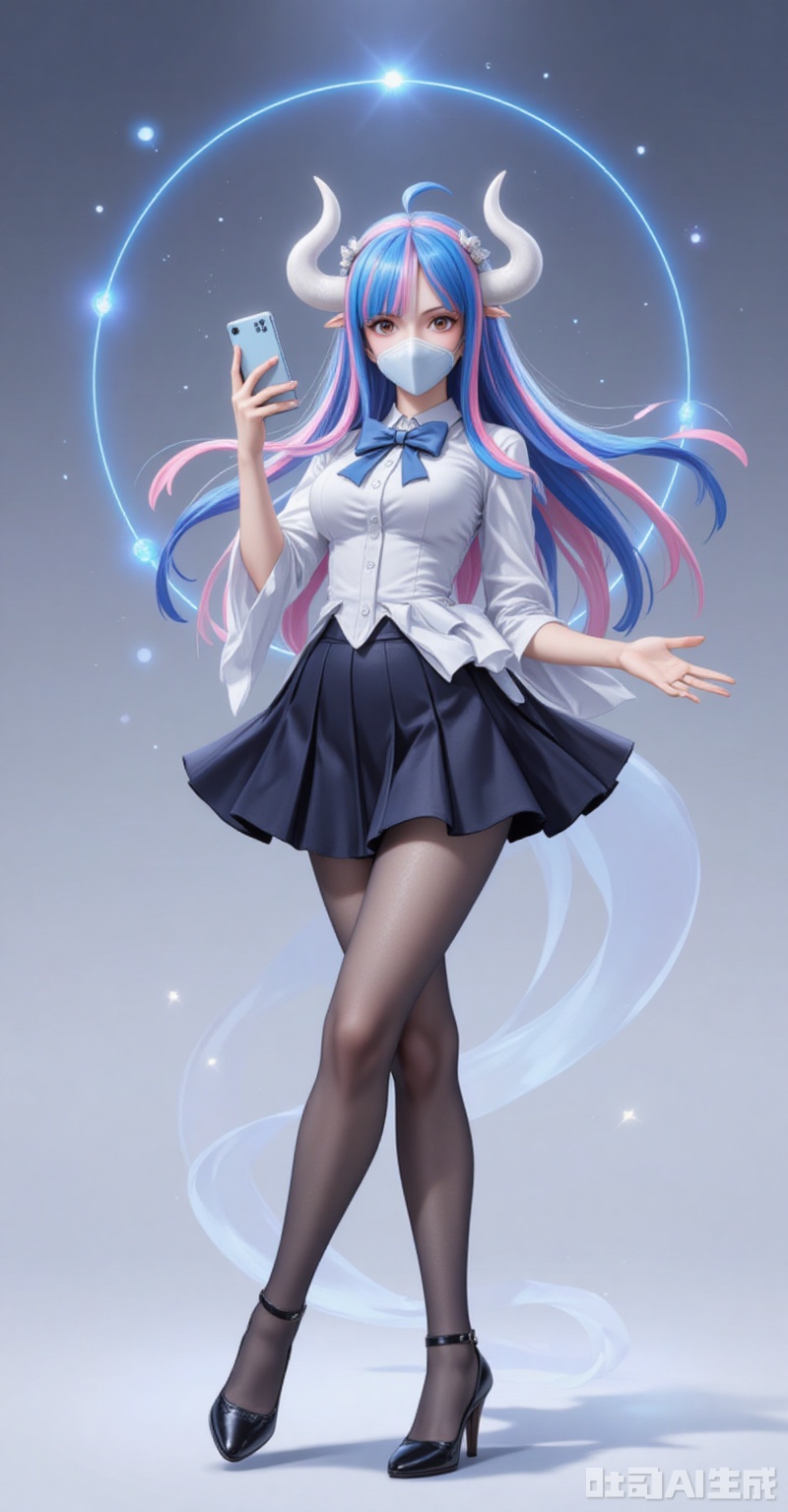 lvjing,pifu,Ulti\(one piece\),lvjing,baoshi,lvjing,blue hair,two-tone hair,pink hair,brown eyes,horns,white horn,mouth_mask,fair_skin,
1girl, pantyhose, solo, school uniform, skirt, phone, selfie, cellphone, serafuku, smartphone, holding phone, black pantyhose, high heels, full body, holding, bow, crossed legs, standing, 3/4 view,
cover,simple background,gradient_background,Close-up details,outstanding style,adding a touch of dimension to your images without compromising details,close-up,
