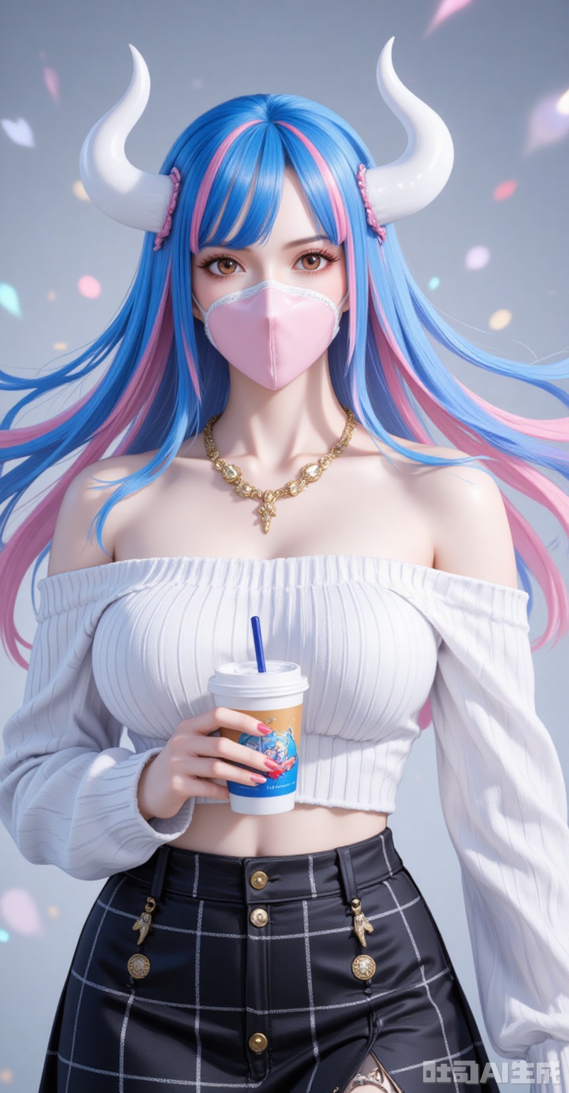 lvjing,pifu,Ulti\(one piece\),lvjing,baoshi,lvjing,blue hair,two-tone hair,pink hair,brown eyes,horns,white horn,mouth_mask,fair_skin,
1girl,solo,skirt,off shoulder,off-shoulder sweater,jewelry,white sweater,necklace,cup,bare shoulders,holding,sweater,disposable cup,breasts,black skirt,plaid skirt,collarbone,plaid,blurry background,crop top,holding cup,blurry,midriff,long sleeves,large breasts,
cover,simple background,gradient_background,Close-up details,outstanding style,adding a touch of dimension to your images without compromising details,close-up,

