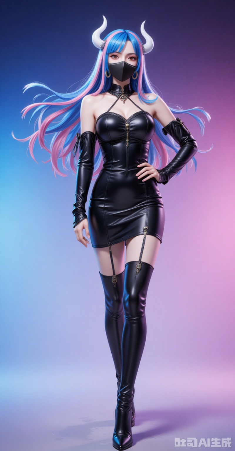 lvjing,pifu,Ulti\(one piece\),lvjing,baoshi,lvjing,blue hair,two-tone hair,pink hair,brown eyes,horns,white horn,mouth_mask,fair_skin,
1girl,solo,dress,earrings,jewelry,boots,long hair,hand on own hip,thigh boots,full body,black footwear,latex,black dress,detached sleeves,bare shoulders,strapless,short dress,thighhighs,shiny clothes,looking at viewer,strapless dress,standing,hoop earrings,breasts,nail polish,high heels,leather,pencil dress,high heel boots,
cover,simple background,gradient_background,Close-up details,outstanding style,adding a touch of dimension to your images without compromising details,close-up,
