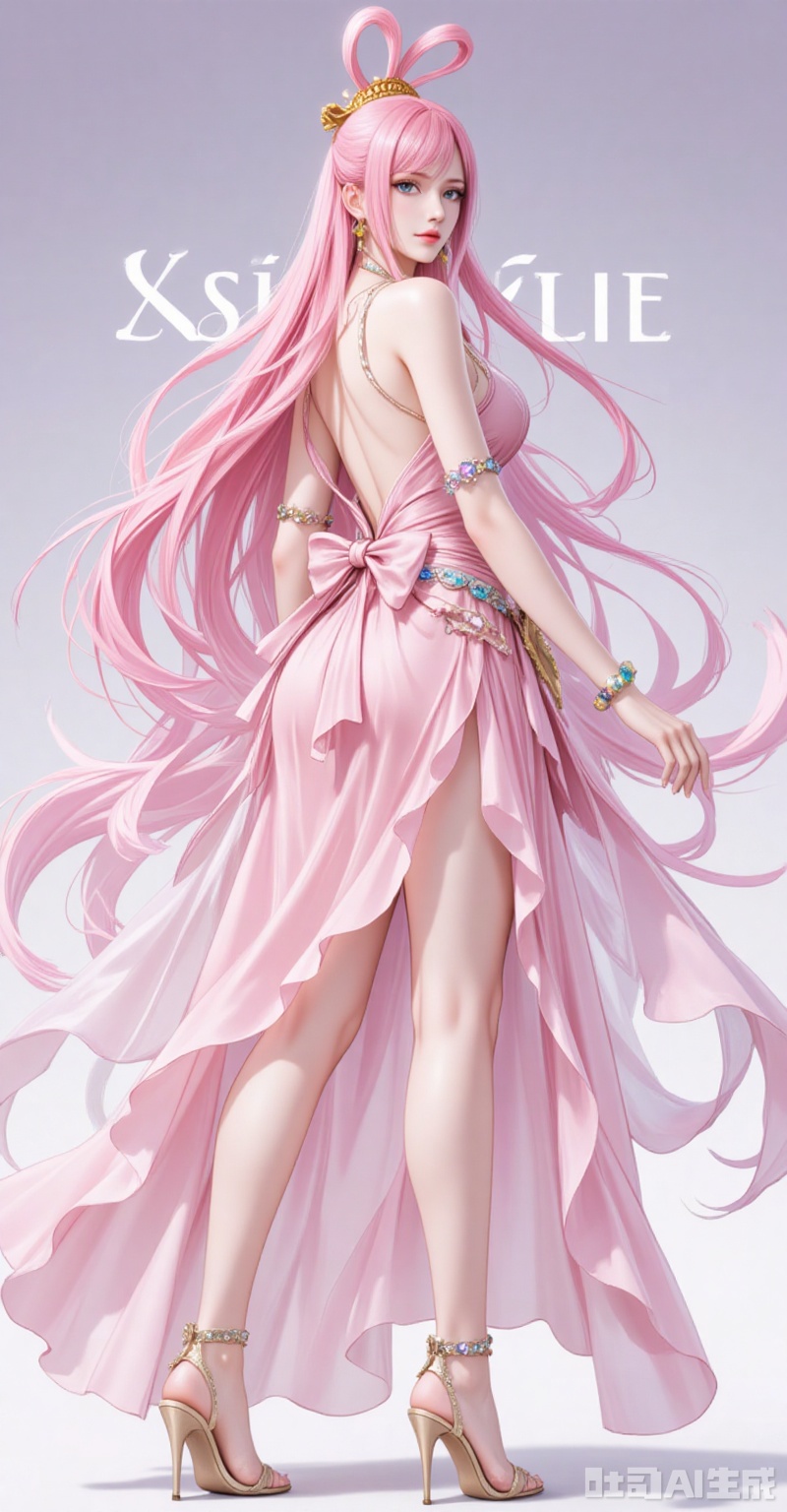 lvjing,baoshi,Shirahoshi\(one piece\),very long hair,pink hair,hair rings,hair ornament,long hair,solo,blue eyes,hair rings,bangs,fair_skin,
1girl,dress,solo,high heels,pink dress,jewelry,breasts,full body,earrings,backless dress,standing,from side,legs,backless outfit,bare shoulders,ass,looking at viewer,armlet,sandals,bare legs,side slit,
cover,simple background,gradient_background,Close-up details,outstanding style,adding a touch of dimension to your images without compromising details,close-up,
