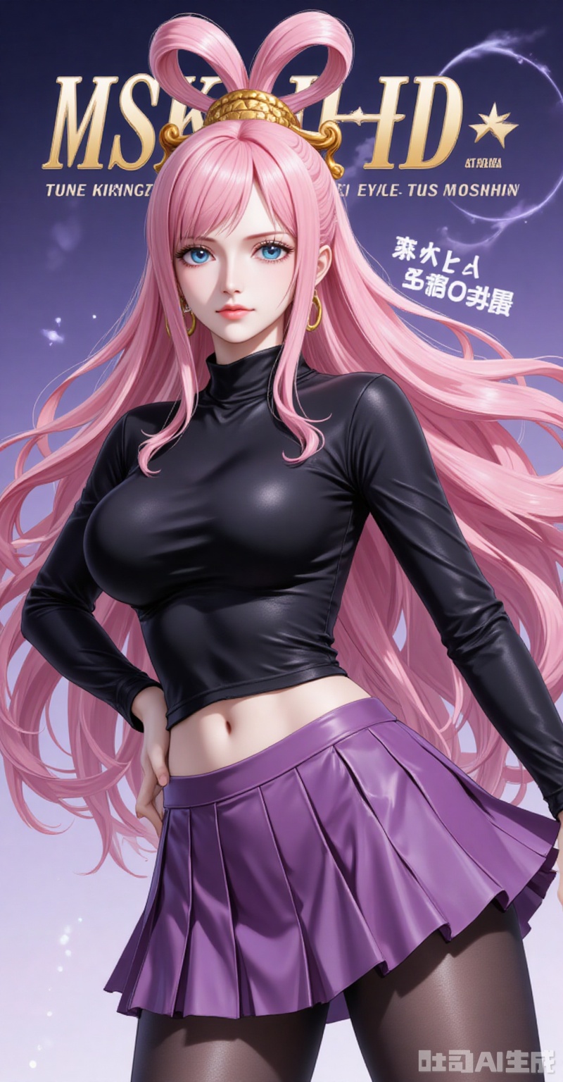lvjing,baoshi,Shirahoshi\(one piece\),very long hair,pink hair,hair rings,hair ornament,long hair,solo,blue eyes,hair rings,bangs,fair_skin,
1girl,breasts,skirt,solo,pantyhose,large breasts,purple skirt,covered navel,long sleeves,taut clothes,miniskirt,pleated skirt,turtleneck,black shirt,shirt,black pantyhose,taut shirt,
cover,simple background,gradient_background,Close-up details,outstanding style,adding a touch of dimension to your images without compromising details,close-up,
