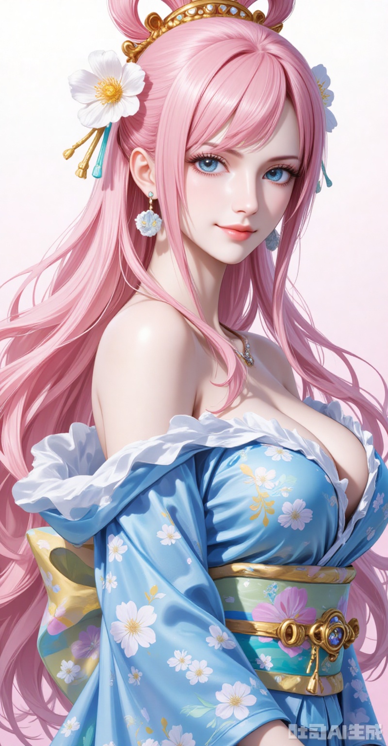 lvjing,baoshi,Shirahoshi\(one piece\),very long hair,pink hair,hair rings,hair ornament,long hair,solo,blue eyes,hair rings,bangs,fair_skin,
1girl,breasts,solo,japanese clothes,hair ornament,kimono,flower,hair flower,sash,blue kimono,large breasts,choker,looking at viewer,cleavage,bare shoulders,obi,off shoulder,earrings,smile,jewelry,floral print,closed mouth,makeup,from side,long sleeves,
cover,simple background,gradient_background,Close-up details,outstanding style,adding a touch of dimension to your images without compromising details,close-up,
