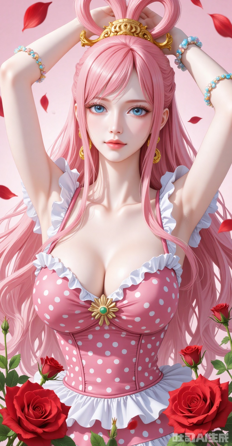 lvjing,baoshi,Shirahoshi\(one piece\),very long hair,pink hair,hair rings,hair ornament,long hair,solo,blue eyes,hair rings,bangs,fair_skin,
1girl, breasts, solo, polka dot, flower, dress, rose, polka dot dress, large breasts, red flower, armpits, petals, red rose, arms up, sideboob, sleeveless, frills, rose petals,
cover,simple background,gradient_background,Close-up details,outstanding style,adding a touch of dimension to your images without compromising details,close-up,
