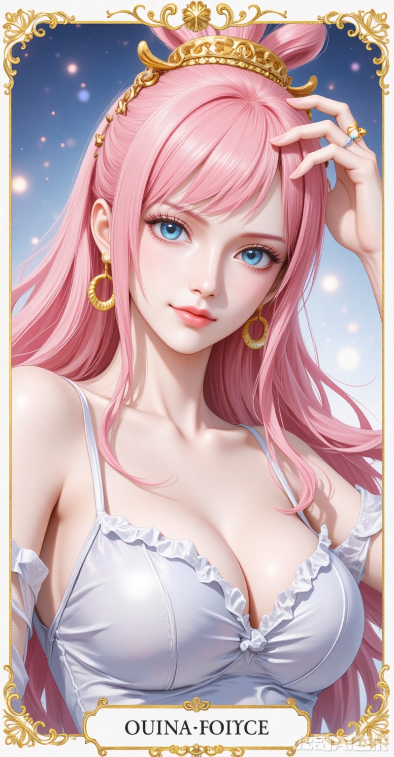 lvjing,baoshi,Shirahoshi\(one piece\),very long hair,pink hair,hair rings,hair ornament,long hair,solo,blue eyes,hair rings,bangs,fair_skin,
1girl,solo,earrings,jewelry,looking at viewer,breasts,tarot,collarbone,upper body,dress,closed mouth,card \(medium\),tarot \(medium\),frills,border, 
cover,simple background,gradient_background,Close-up details,outstanding style,adding a touch of dimension to your images without compromising details,close-up,
