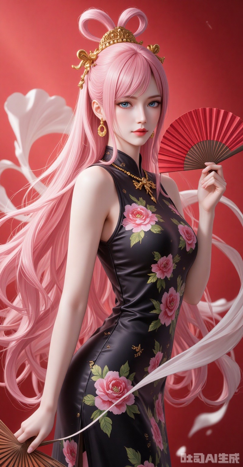 lvjing,baoshi,Shirahoshi\(one piece\),very long hair,pink hair,hair rings,hair ornament,long hair,solo,blue eyes,hair rings,bangs,fair_skin,
1girl,dress,hand fan,holding,solo,earrings,jewelry,chinese clothes,china dress,black dress,holding fan,floral print,blurry,sleeveless,looking at viewer,sleeveless dress,red background,folding fan,standing,head tilt,2,
cover,simple background,gradient_background,Close-up details,outstanding style,adding a touch of dimension to your images without compromising details,close-up,
