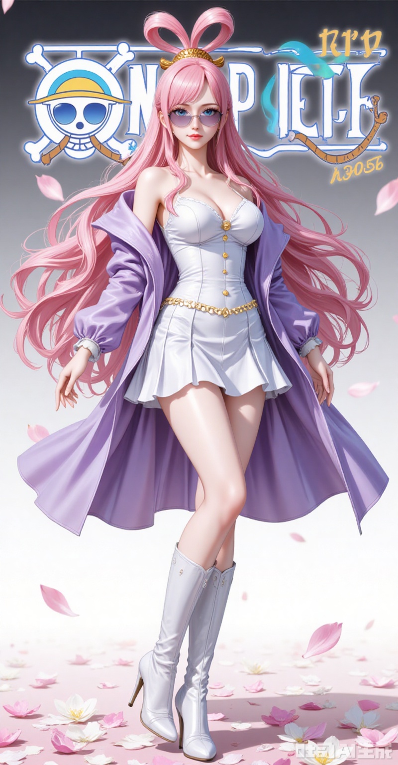 lvjing,baoshi,Shirahoshi\(one piece\),very long hair,pink hair,hair rings,hair ornament,long hair,solo,blue eyes,hair rings,bangs,fair_skin,
1girl,eyewear on head,solo,sunglasses,high heels,dress,smile,full body,petals,coat,breasts,boots,short dress,purple coat,looking at viewer,high heel boots,long sleeves,white dress,standing,

cover,simple background,gradient_background,Close-up details,outstanding style,adding a touch of dimension to your images without compromising details,close-up,

