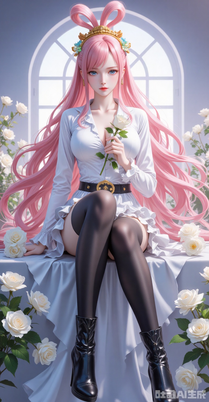 lvjing,baoshi,Shirahoshi\(one piece\),very long hair,pink hair,hair rings,hair ornament,long hair,solo,blue eyes,hair rings,bangs,fair_skin,
1girl,flower,solo,breasts,thighhighs,hair flower,high heels,boots,sitting,rose,white flower,window,hair ornament,cleavage,holding flower,black footwear,black thighhighs,high heel boots,single thighhigh,shirt,holding,white rose,looking at viewer,hairband,white shirt,frills,full body,black flower,
cover,simple background,gradient_background,Close-up details,outstanding style,adding a touch of dimension to your images without compromising details,close-up,
