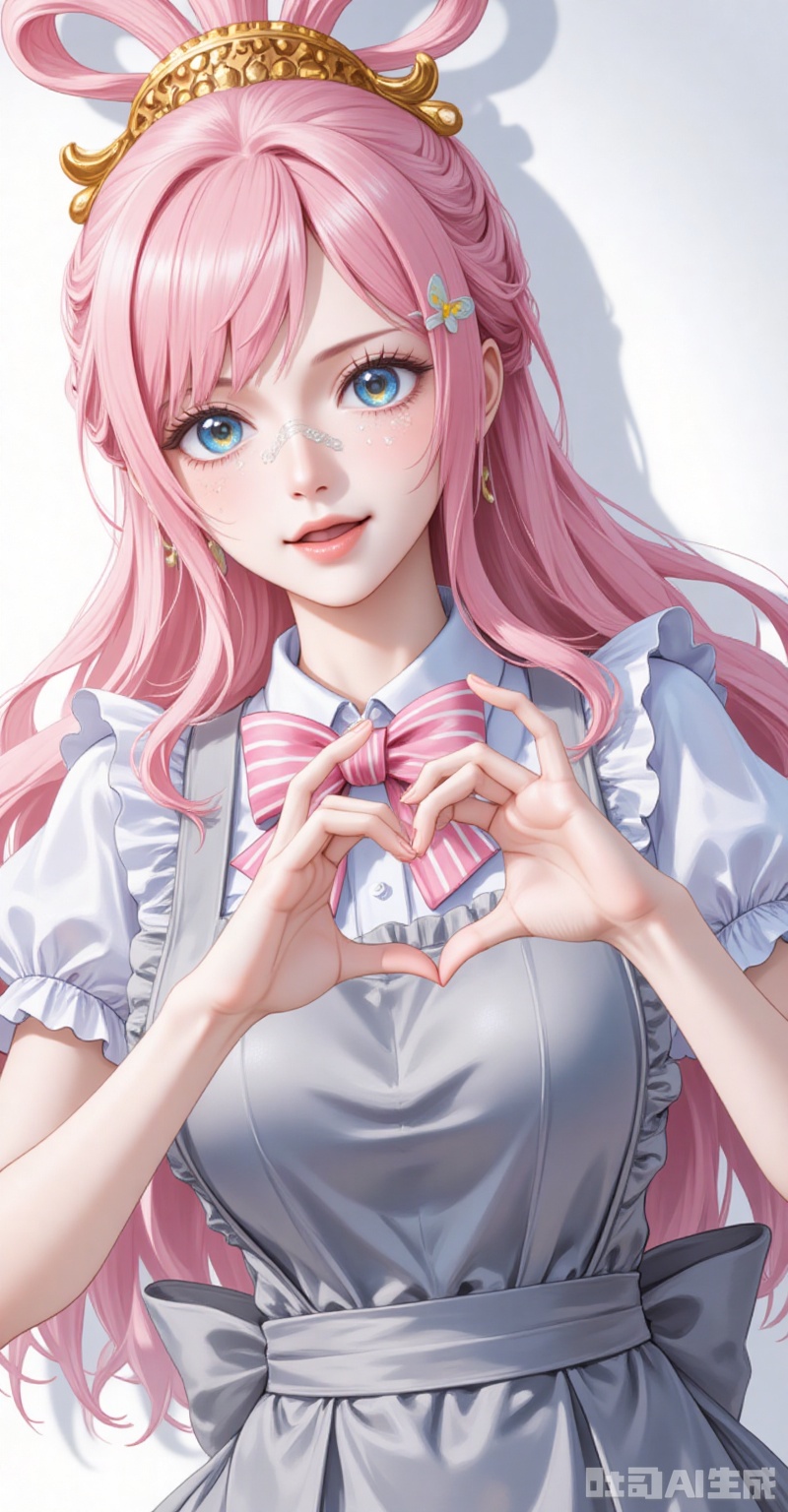 lvjing,baoshi,Shirahoshi\(one piece\),very long hair,pink hair,hair rings,hair ornament,long hair,solo,blue eyes,hair rings,bangs,fair_skin,
1girl,solo,bandaid on hand,butterfly hair ornament,heart,long hair,apron,open mouth,pink bowtie,hair ornament,white background,pink bow,short sleeves,dress,simple background,bow,striped bow,hair between eyes,shadow,puffy sleeves,frills,puffy short sleeves,heart hands,bowtie,hands up,grey apron,smile,looking at viewer,striped bowtie,symbol-shaped pupils,heart-shaped pupils,symbol in eye,grey bow,
cover,simple background,gradient_background,Close-up details,outstanding style,adding a touch of dimension to your images without compromising details,close-up,
