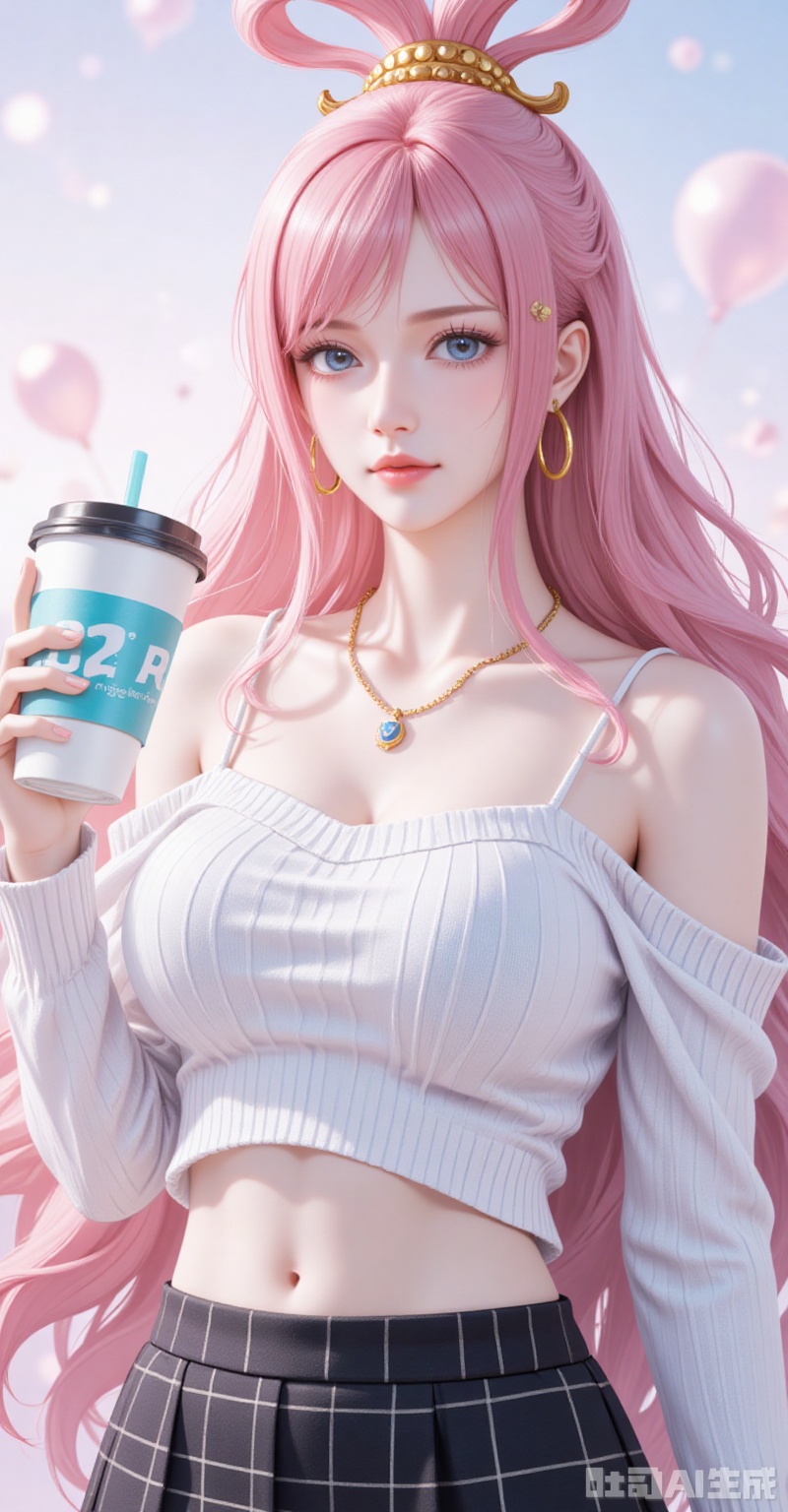lvjing,baoshi,Shirahoshi\(one piece\),very long hair,pink hair,hair rings,hair ornament,long hair,solo,blue eyes,hair rings,bangs,fair_skin,
1girl,solo,skirt,off shoulder,off-shoulder sweater,jewelry,white sweater,necklace,cup,bare shoulders,holding,sweater,disposable cup,breasts,black skirt,plaid skirt,collarbone,plaid,blurry background,crop top,holding cup,blurry,midriff,long sleeves,large breasts,

cover,simple background,gradient_background,Close-up details,outstanding style,adding a touch of dimension to your images without compromising details,close-up,
