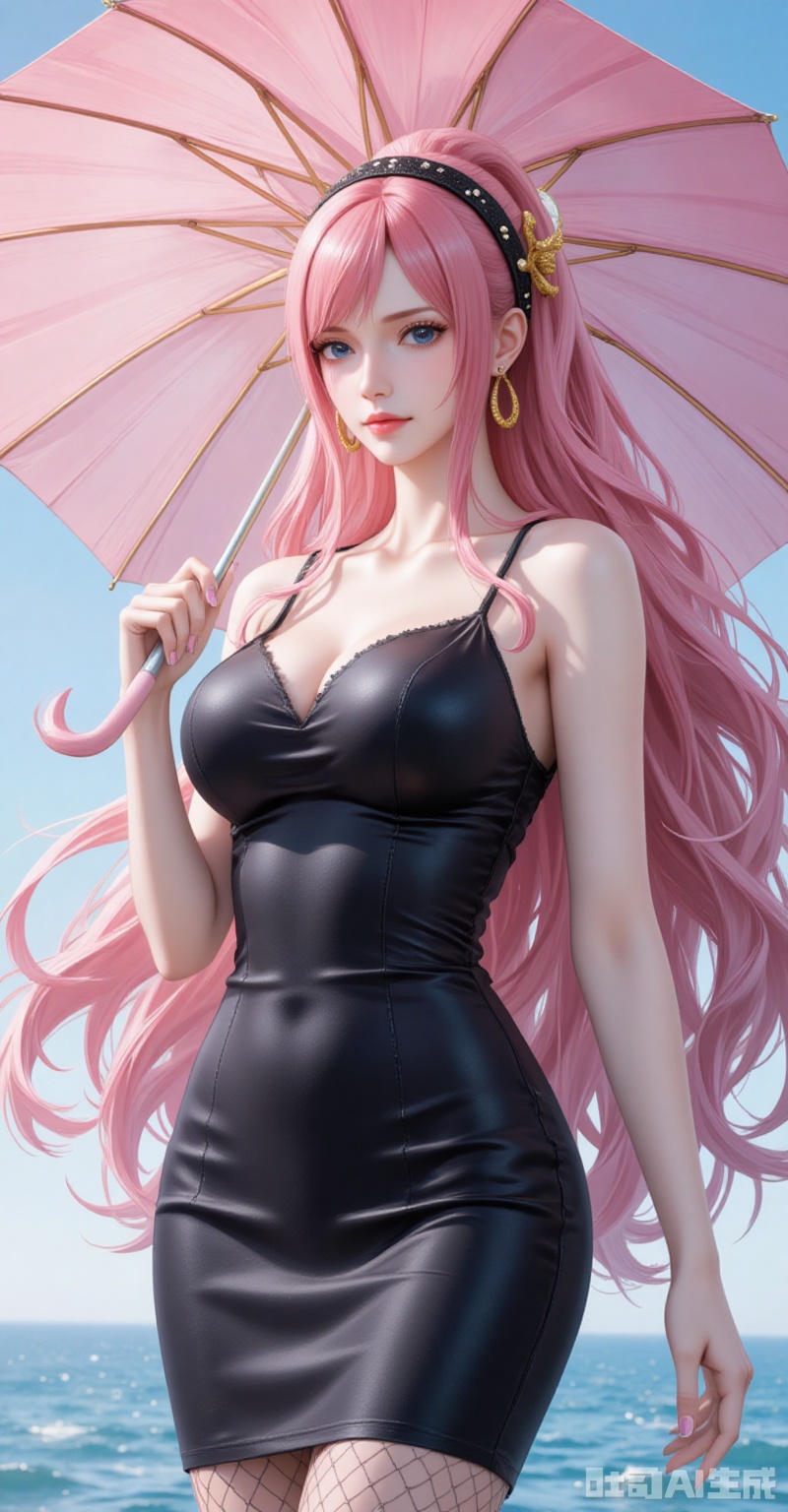 lvjing,baoshi,Shirahoshi\(one piece\),very long hair,pink hair,hair rings,hair ornament,long hair,solo,blue eyes,hair rings,bangs,fair_skin,
1girl,fishnets,breasts,solo,jewelry,pantyhose,dress,black dress,fishnet pantyhose,holding,umbrella,holding umbrella,hairband,bare shoulders,covered navel,outdoors,cleavage,closed mouth,large breasts,short dress,cowboy shot,sleeveless,looking at viewer,black hairband,pencil dress,sleeveless dress,nail polish,tight dress,
cover,simple background,gradient_background,Close-up details,outstanding style,adding a touch of dimension to your images without compromising details,close-up,
