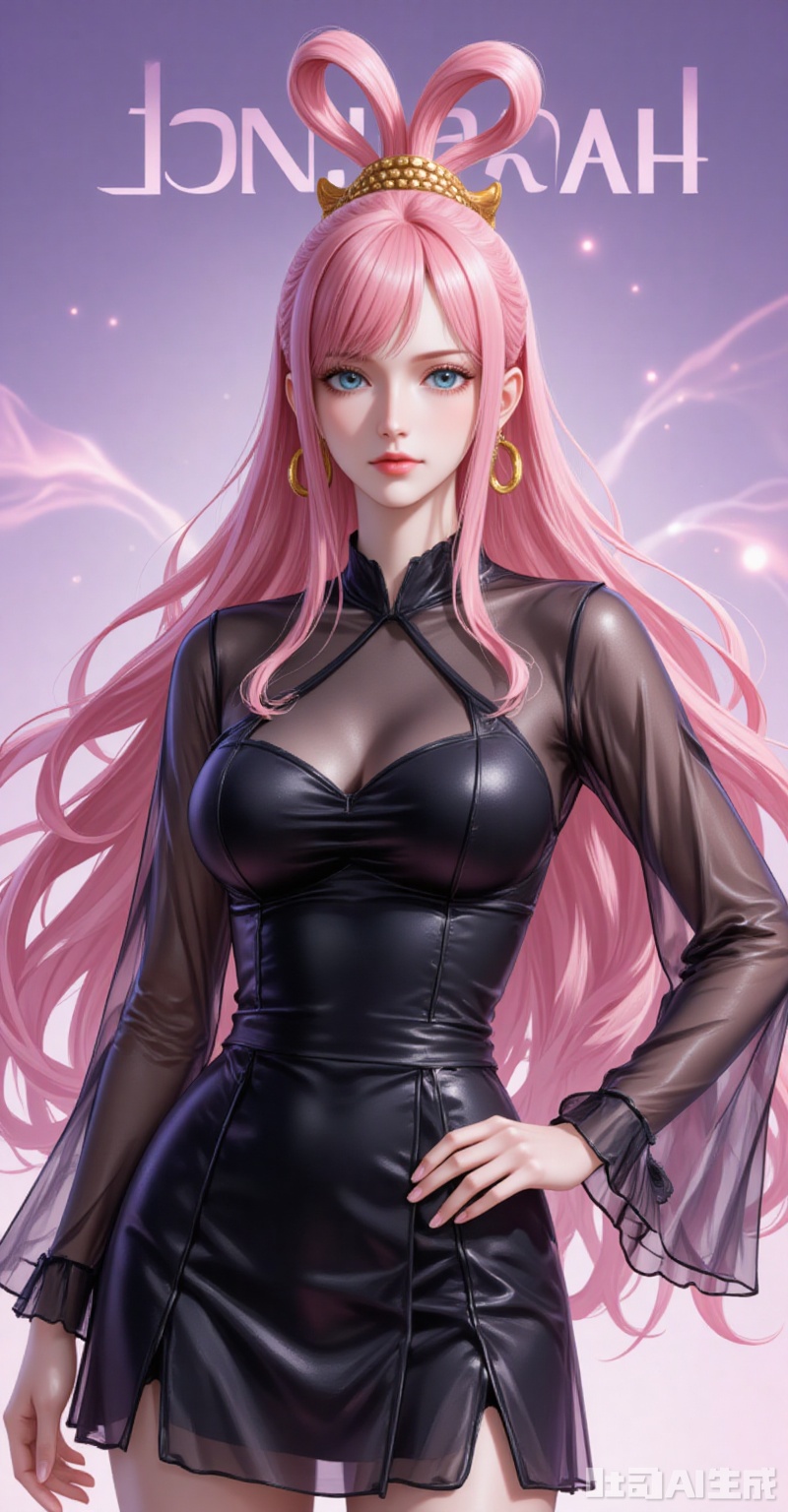 lvjing,baoshi,Shirahoshi\(one piece\),very long hair,pink hair,hair rings,hair ornament,long hair,solo,blue eyes,hair rings,bangs,fair_skin,
1girl,solo,jewelry,earrings,see-through,dress,upper body,black dress,hand on own hip,breasts,see-through sleeves, 

cover,simple background,gradient_background,Close-up details,outstanding style,adding a touch of dimension to your images without compromising details,close-up,

