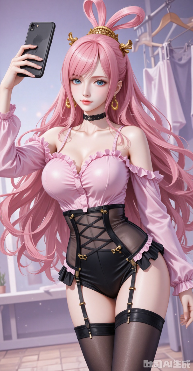 lvjing,baoshi,Shirahoshi\(one piece\),very long hair,pink hair,hair rings,hair ornament,long hair,solo,blue eyes,hair rings,bangs,fair_skin,
1girl,breasts,jewelry,phone,earrings,thighhighs,choker,solo,cleavage,cellphone,black choker,holding phone,bare shoulders,holding,smartphone,shirt,garter straps,black thighhighs,off-shoulder shirt,leotard,frills,selfie,collarbone,off shoulder,pink shirt,long sleeves,cross-laced clothes,standing,clothes hanger,closed mouth,cowboy shot,high-waist shorts,thighs,indoors,large breasts,see-through,shorts,medium breasts,
cover,simple background,gradient_background,Close-up details,outstanding style,adding a touch of dimension to your images without compromising details,close-up,

