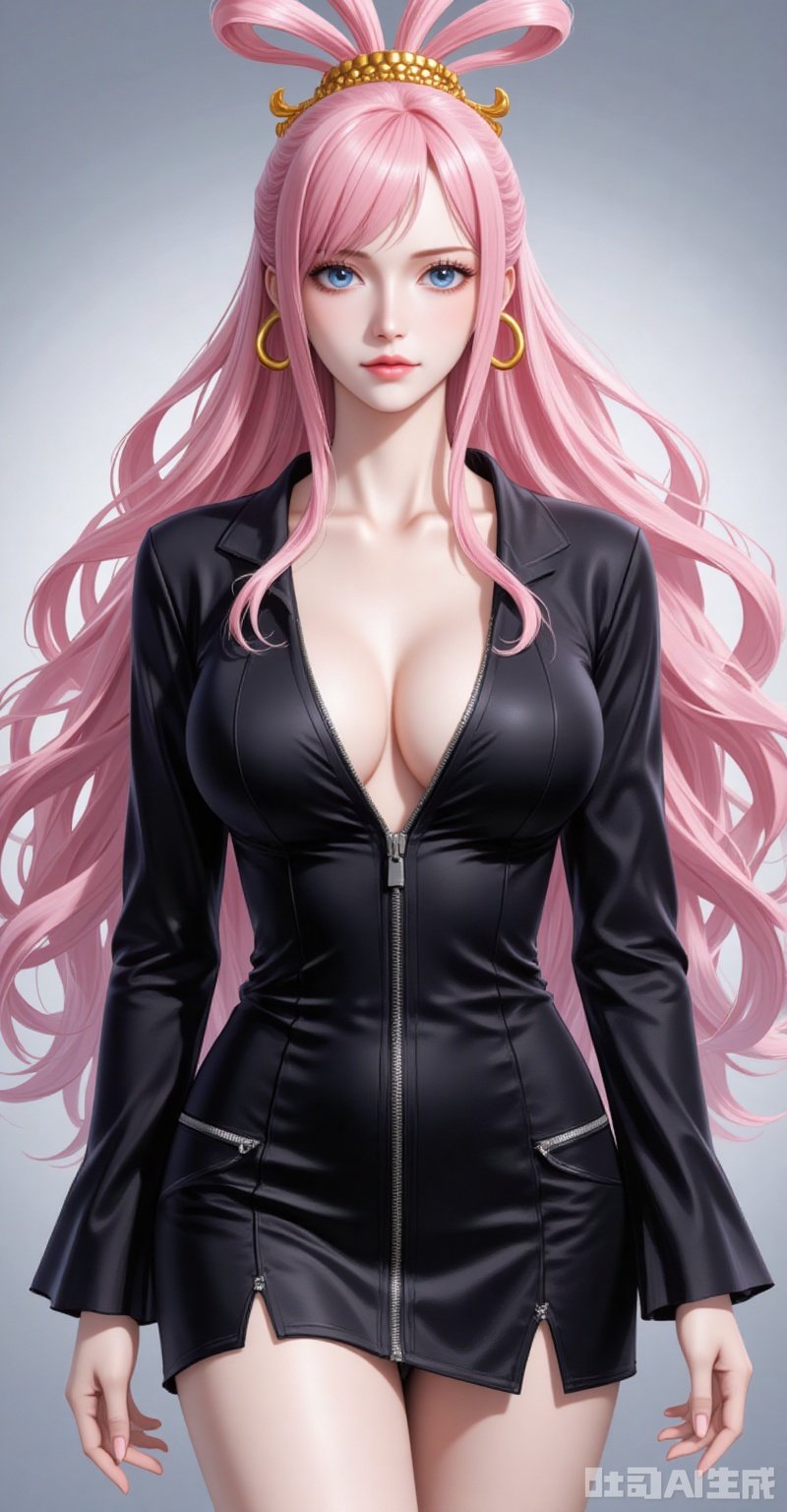 lvjing,baoshi,Shirahoshi\(one piece\),very long hair,pink hair,hair rings,hair ornament,long hair,solo,blue eyes,hair rings,bangs,fair_skin,
1girl,solo,breasts,cleavage,dress,large breasts,black dress,cowboy shot,partially unzipped,short dress,zipper,looking at viewer,long sleeves,simple background,arms at sides,

cover,simple background,gradient_background,Close-up details,outstanding style,adding a touch of dimension to your images without compromising details,close-up,
