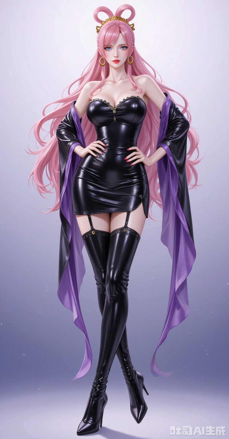 lvjing,baoshi,Shirahoshi\(one piece\),very long hair,pink hair,hair rings,hair ornament,long hair,solo,blue eyes,hair rings,bangs,fair_skin,
1girl,solo,dress,earrings,jewelry,black hair,boots,long hair,hand on own hip,thigh boots,full body,black footwear,latex,black dress,detached sleeves,bare shoulders,strapless,short dress,thighhighs,shiny clothes,looking at viewer,strapless dress,standing,hoop earrings,breasts,red lips,nail polish,high heels,leather,pencil dress,high heel boots,
cover,simple background,gradient_background,Close-up details,outstanding style,adding a touch of dimension to your images without compromising details,close-up,
