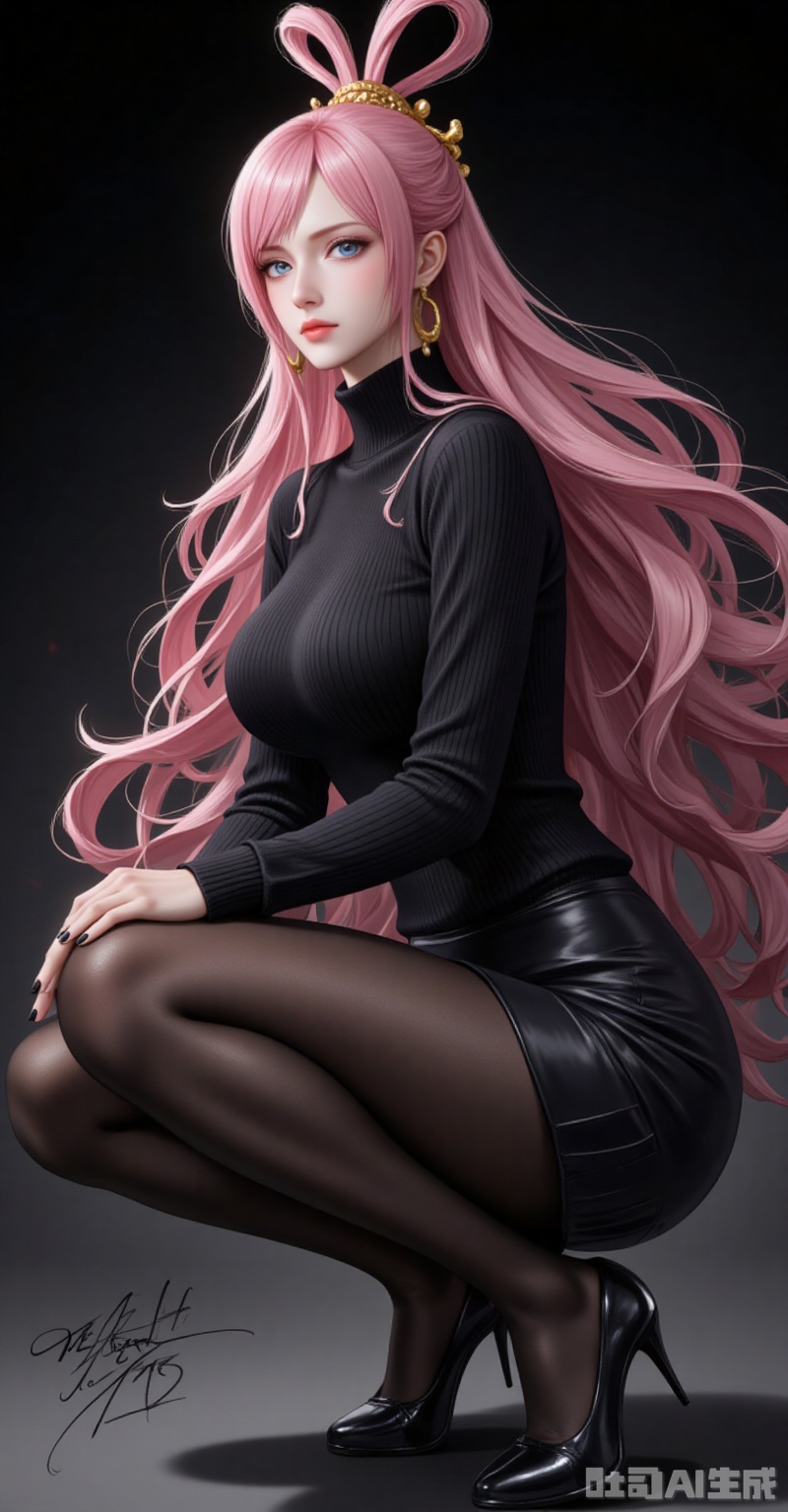 lvjing,baoshi,Shirahoshi\(one piece\),very long hair,pink hair,hair rings,hair ornament,long hair,solo,blue eyes,hair rings,bangs,fair_skin,
1girl,solo,pantyhose,high heels,looking at viewer,black footwear,squatting,sweater,quad tails,full body,parted lips,black sweater,earrings,signature,black nails,long sleeves,parted bangs,jewelry,pencil skirt,skirt,bangs,turtleneck,nail polish,black pantyhose,dress,(Black background:1.2),simple background,

cover,simple background,gradient_background,Close-up details,outstanding style,adding a touch of dimension to your images without compromising details,close-up,
