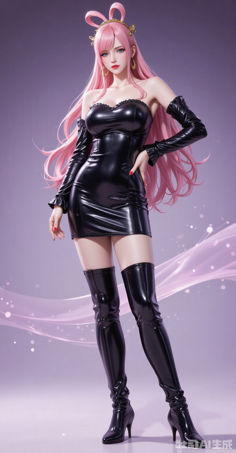lvjing,baoshi,Shirahoshi\(one piece\),very long hair,pink hair,hair rings,hair ornament,long hair,solo,blue eyes,hair rings,bangs,fair_skin,
1girl,solo,dress,earrings,jewelry,boots,long hair,hand on own hip,thigh boots,full body,black footwear,latex,black dress,detached sleeves,bare shoulders,strapless,short dress,thighhighs,shiny clothes,looking at viewer,strapless dress,standing,hoop earrings,breasts,red lips,nail polish,high heels,leather,pencil dress,high heel boots,

cover,simple background,gradient_background,Close-up details,outstanding style,adding a touch of dimension to your images without compromising details,close-up,
