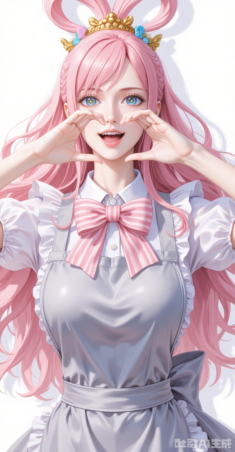 lvjing,baoshi,Shirahoshi\(one piece\),very long hair,pink hair,hair rings,hair ornament,long hair,solo,blue eyes,hair rings,bangs,fair_skin,
1girl,solo,bandaid on hand,butterfly hair ornament,heart,long hair,apron,open mouth,pink bowtie,hair ornament,white background,pink bow,short sleeves,dress,simple background,bow,striped bow,hair between eyes,shadow,puffy sleeves,frills,puffy short sleeves,heart hands,bowtie,hands up,grey apron,smile,looking at viewer,striped bowtie,symbol-shaped pupils,heart-shaped pupils,symbol in eye,grey bow,
cover,simple background,gradient_background,Close-up details,outstanding style,adding a touch of dimension to your images without compromising details,close-up,
