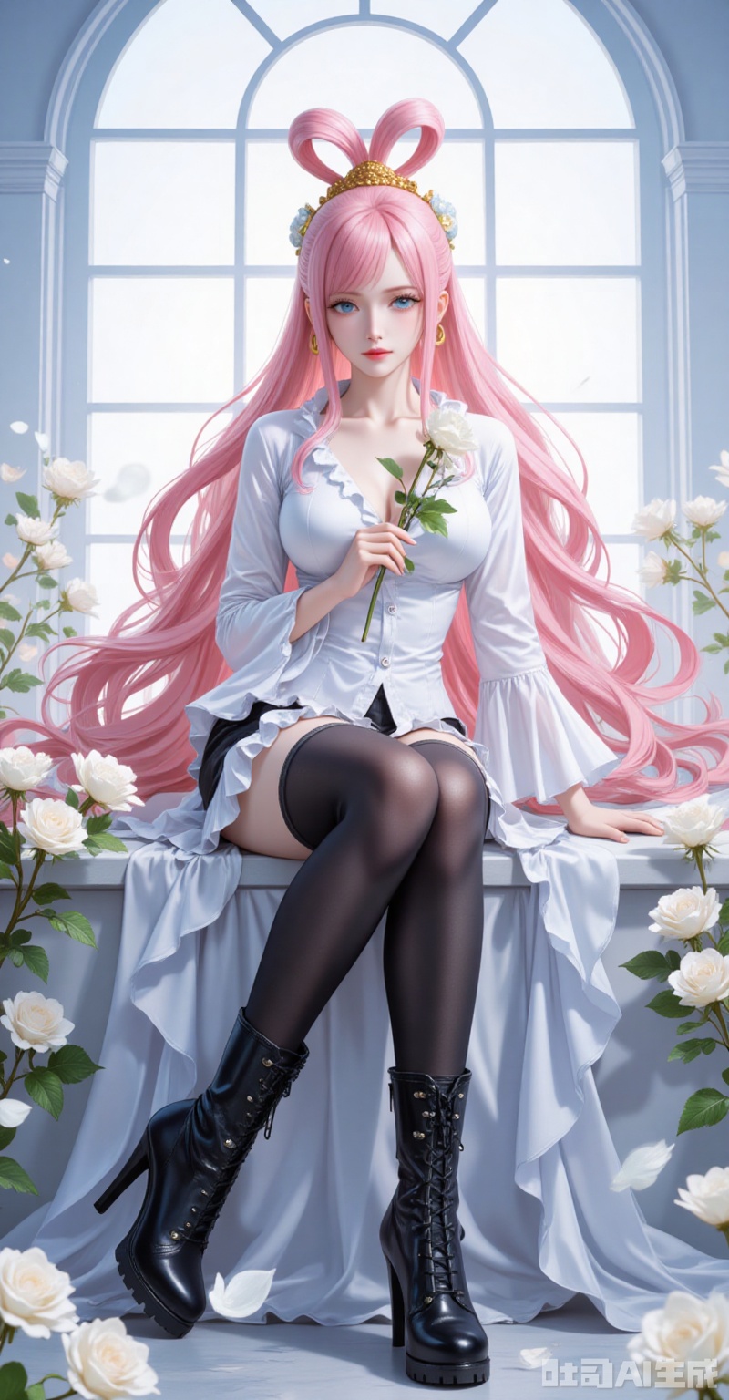 lvjing,baoshi,Shirahoshi\(one piece\),very long hair,pink hair,hair rings,hair ornament,long hair,solo,blue eyes,hair rings,bangs,fair_skin,
1girl,flower,solo,breasts,thighhighs,hair flower,high heels,boots,sitting,rose,white flower,window,hair ornament,cleavage,holding flower,black footwear,black thighhighs,high heel boots,single thighhigh,shirt,holding,white rose,looking at viewer,hairband,white shirt,frills,full body,black flower,
cover,simple background,gradient_background,Close-up details,outstanding style,adding a touch of dimension to your images without compromising details,close-up,
