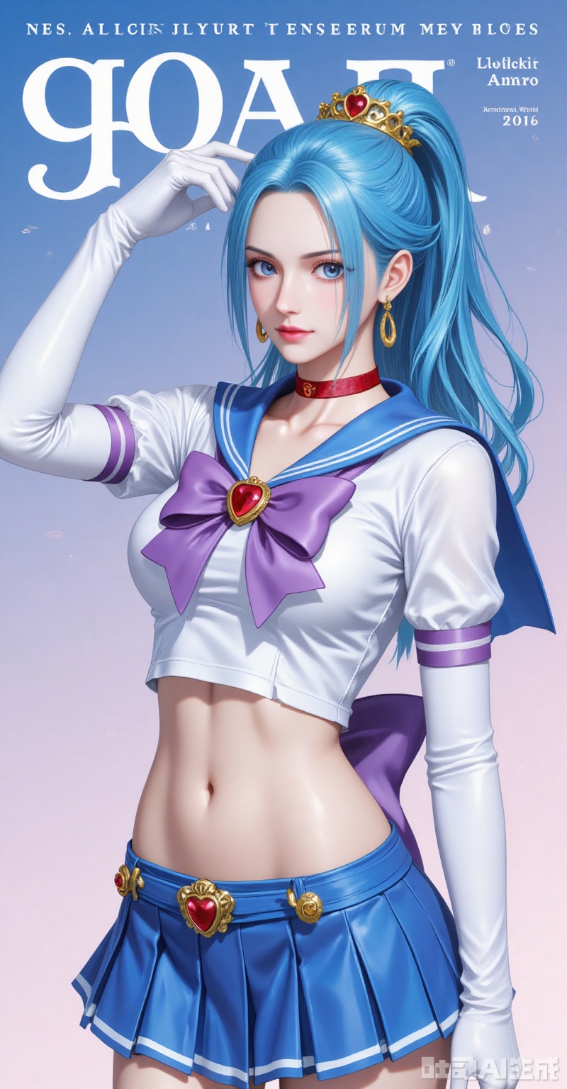 lvjing,baoshi,Nefertari D. Vivi\(one piece\),ponytail,blue hair,blue eyes,long hair,fair_skin,ponytail,blue hair,blue eyes,long hair,fair_skin,
1girl,sailor senshi uniform,solo,jewelry,skirt,gloves,earrings,blue skirt,white gloves,sailor collar,bow,breasts,choker,elbow gloves,magical girl,back bow,covered navel,pleated skirt,looking at viewer,brooch,purple bow,heart brooch,red choker,miniskirt,closed mouth,large breasts,collarbone,red gemstone,tiara,cowboy shot,
cover,simple background,gradient_background,Close-up details,outstanding style,adding a touch of dimension to your images without compromising details,close-up,
