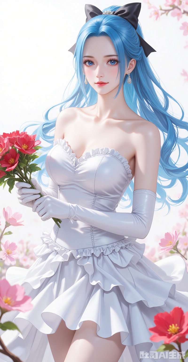 lvjing,baoshi,Nefertari D. Vivi\(one piece\),ponytail,blue hair,blue eyes,long hair,fair_skin,ponytail,blue hair,blue eyes,long hair,fair_skin,
elbow_gloves,frilled_skirt,holding_bouquet,highres,cherry_blossoms,strapless_dress,white_gloves,looking_at_viewer,red_flower,solo,collarbone,own_hands_together,:d,white_background,backlighting,black_bow,bare_shoulders,frilled_dress,hair_bow,wedding_dress,commentary_request,
cover,simple background,gradient_background,Close-up details,outstanding style,adding a touch of dimension to your images without compromising details,close-up,
