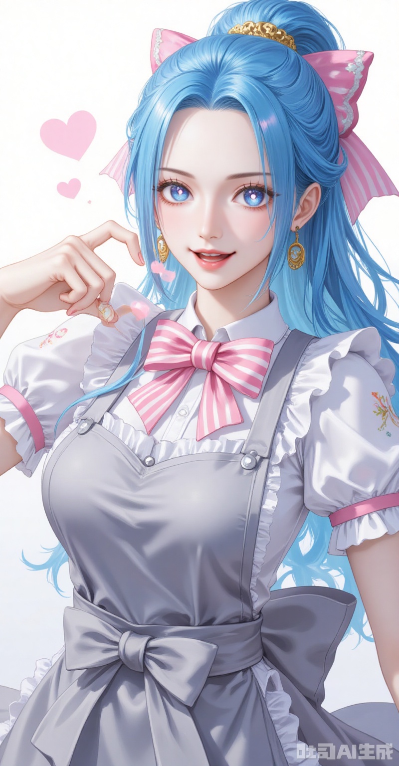 lvjing,baoshi,Nefertari D. Vivi\(one piece\),ponytail,blue hair,blue eyes,long hair,fair_skin,ponytail,blue hair,blue eyes,long hair,fair_skin,
1girl,solo,bandaid on hand,butterfly hair ornament,heart,long hair,apron,open mouth,pink bowtie,hair ornament,white background,pink bow,short sleeves,dress,simple background,bow,striped bow,hair between eyes,shadow,puffy sleeves,frills,puffy short sleeves,heart hands,bowtie,hands up,grey apron,smile,looking at viewer,striped bowtie,symbol-shaped pupils,heart-shaped pupils,symbol in eye,grey bow,
cover,simple background,gradient_background,Close-up details,outstanding style,adding a touch of dimension to your images without compromising details,close-up,
