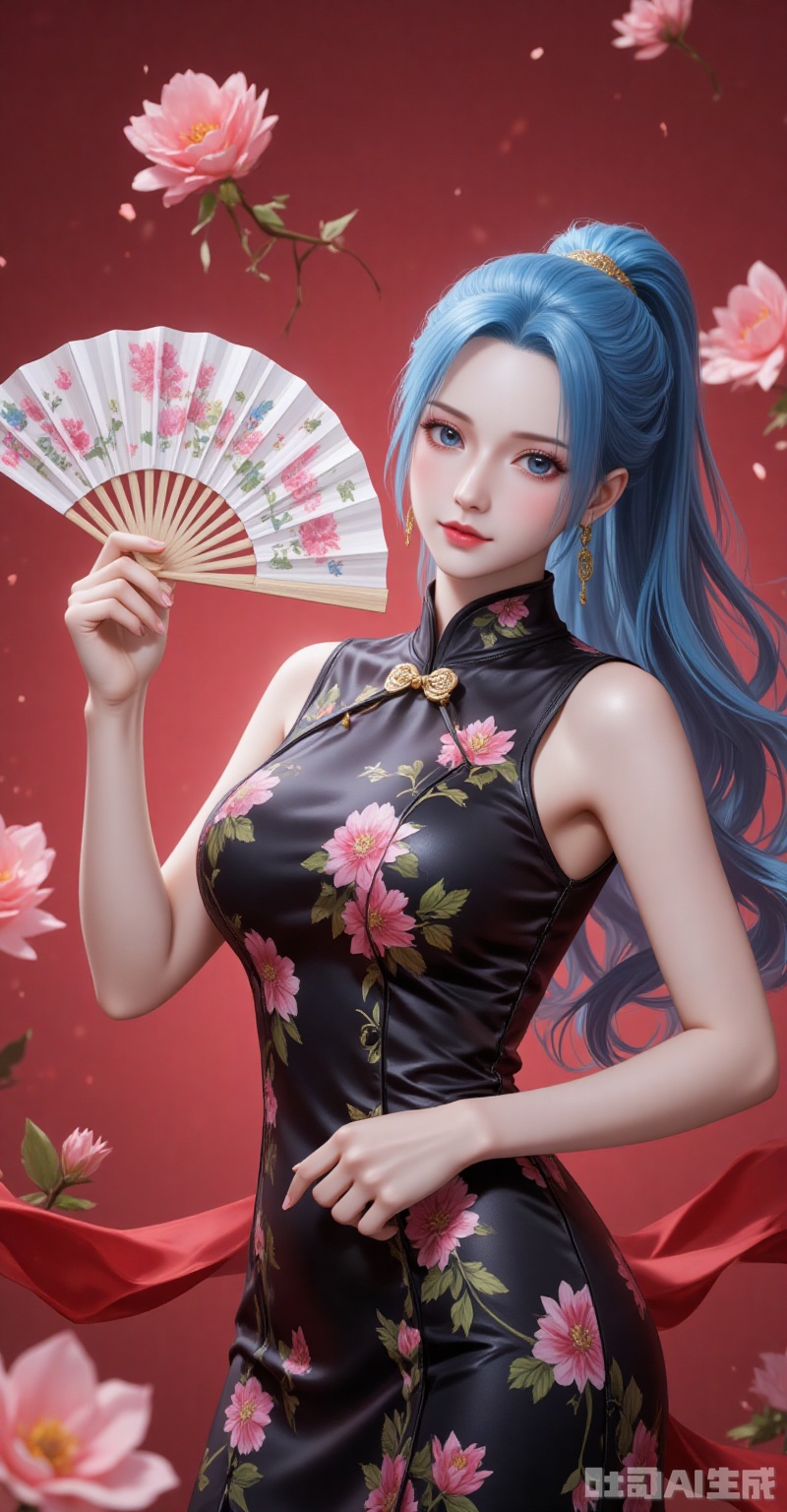 lvjing,baoshi,Nefertari D. Vivi\(one piece\),ponytail,blue hair,blue eyes,long hair,fair_skin,ponytail,blue hair,blue eyes,long hair,fair_skin,
1girl,dress,hand fan,holding,solo,earrings,jewelry,chinese clothes,china dress,black dress,holding fan,floral print,blurry,sleeveless,looking at viewer,sleeveless dress,red background,folding fan,standing,head tilt,2, 
cover,simple background,gradient_background,Close-up details,outstanding style,adding a touch of dimension to your images without compromising details,close-up,
