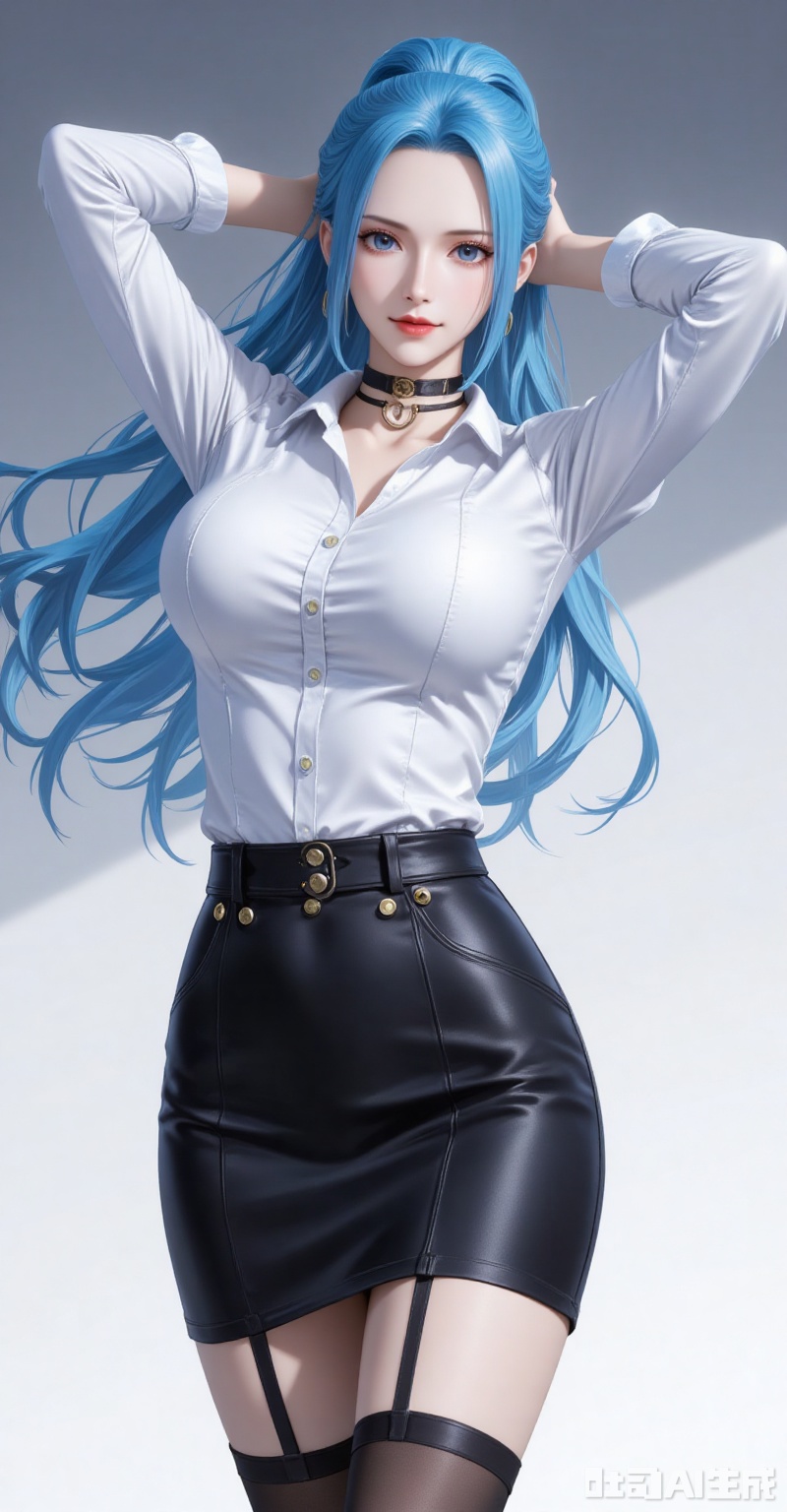 lvjing,baoshi,Nefertari D. Vivi\(one piece\),ponytail,blue hair,blue eyes,long hair,fair_skin,ponytail,blue hair,blue eyes,long hair,fair_skin,
1girl,solo,shirt,pencil skirt,skirt,white shirt,black skirt,looking at viewer,collared shirt,collar,thighhighs,long sleeves,arms up,arms behind head,choker,breasts,high-waist skirt,red lips,office lady,lips,standing,cowboy shot,indoors,buttons,black thighhighs,dress shirt,realistic,black choker,
cover,simple background,gradient_background,Close-up details,outstanding style,adding a touch of dimension to your images without compromising details,close-up,
