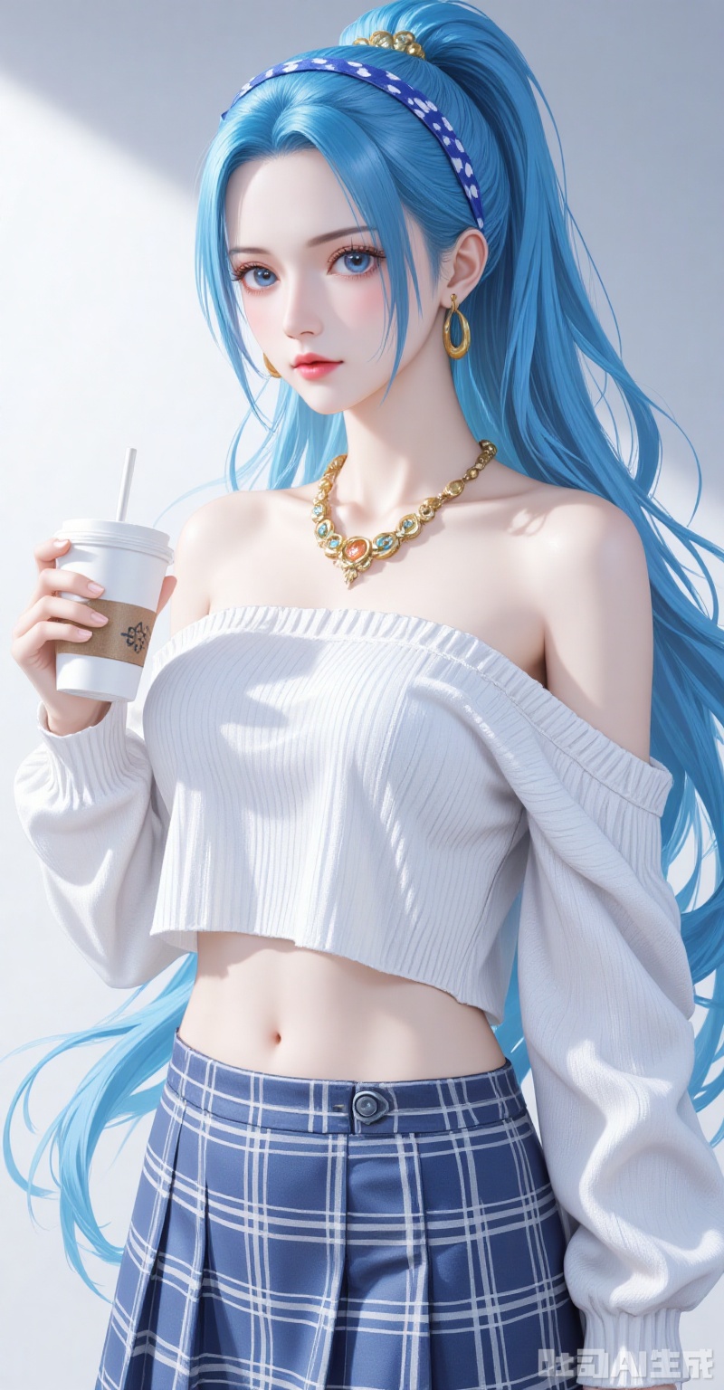 lvjing,baoshi,Nefertari D. Vivi\(one piece\),ponytail,blue hair,blue eyes,long hair,fair_skin,ponytail,blue hair,blue eyes,long hair,fair_skin,
1girl,skirt,plaid skirt,realistic,solo,plaid,cup,blurry background,blurry,looking at viewer,holding,disposable cup,holding cup,hairband,sweater,necklace,crop top,blue hairband,midriff,shirt,jewelry,white sweater,off shoulder,white shirt,
cover,simple background,gradient_background,Close-up details,outstanding style,adding a touch of dimension to your images without compromising details,close-up,
