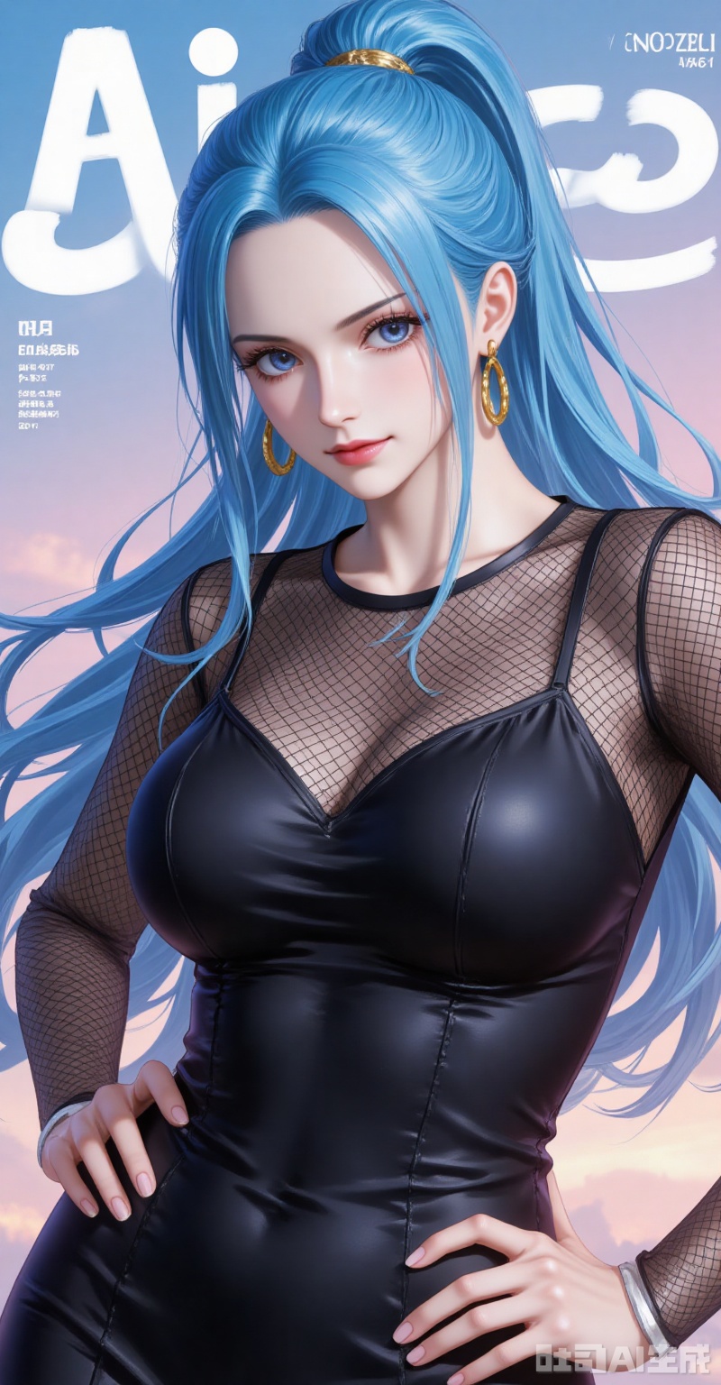 lvjing,baoshi,Nefertari D. Vivi\(one piece\),ponytail,blue hair,blue eyes,long hair,fair_skin,ponytail,blue hair,blue eyes,long hair,fair_skin,
1girl,solo,jewelry,earrings,see-through,dress,upper body,black dress,hand on own hip,breasts,see-through sleeves,
cover,simple background,gradient_background,Close-up details,outstanding style,adding a touch of dimension to your images without compromising details,close-up,
