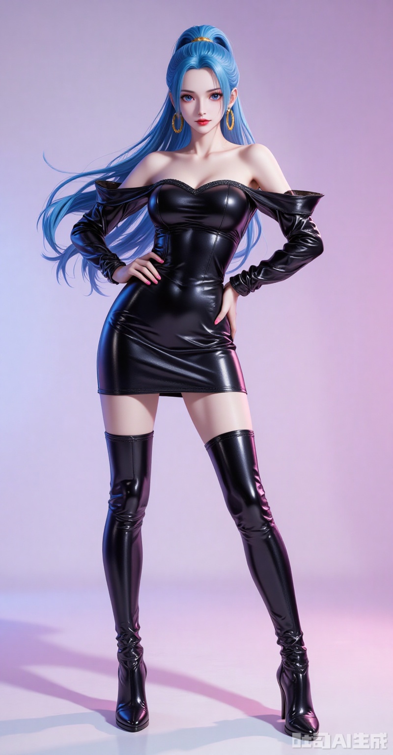 lvjing,baoshi,Nefertari D. Vivi\(one piece\),ponytail,blue hair,blue eyes,long hair,fair_skin,ponytail,blue hair,blue eyes,long hair,fair_skin,
1girl,solo,dress,earrings,jewelry,boots,long hair,hand on own hip,thigh boots,full body,black footwear,latex,black dress,detached sleeves,bare shoulders,strapless,short dress,thighhighs,shiny clothes,looking at viewer,strapless dress,standing,hoop earrings,breasts,red lips,nail polish,high heels,leather,pencil dress,high heel boots, 
cover,simple background,gradient_background,Close-up details,outstanding style,adding a touch of dimension to your images without compromising details,close-up,
