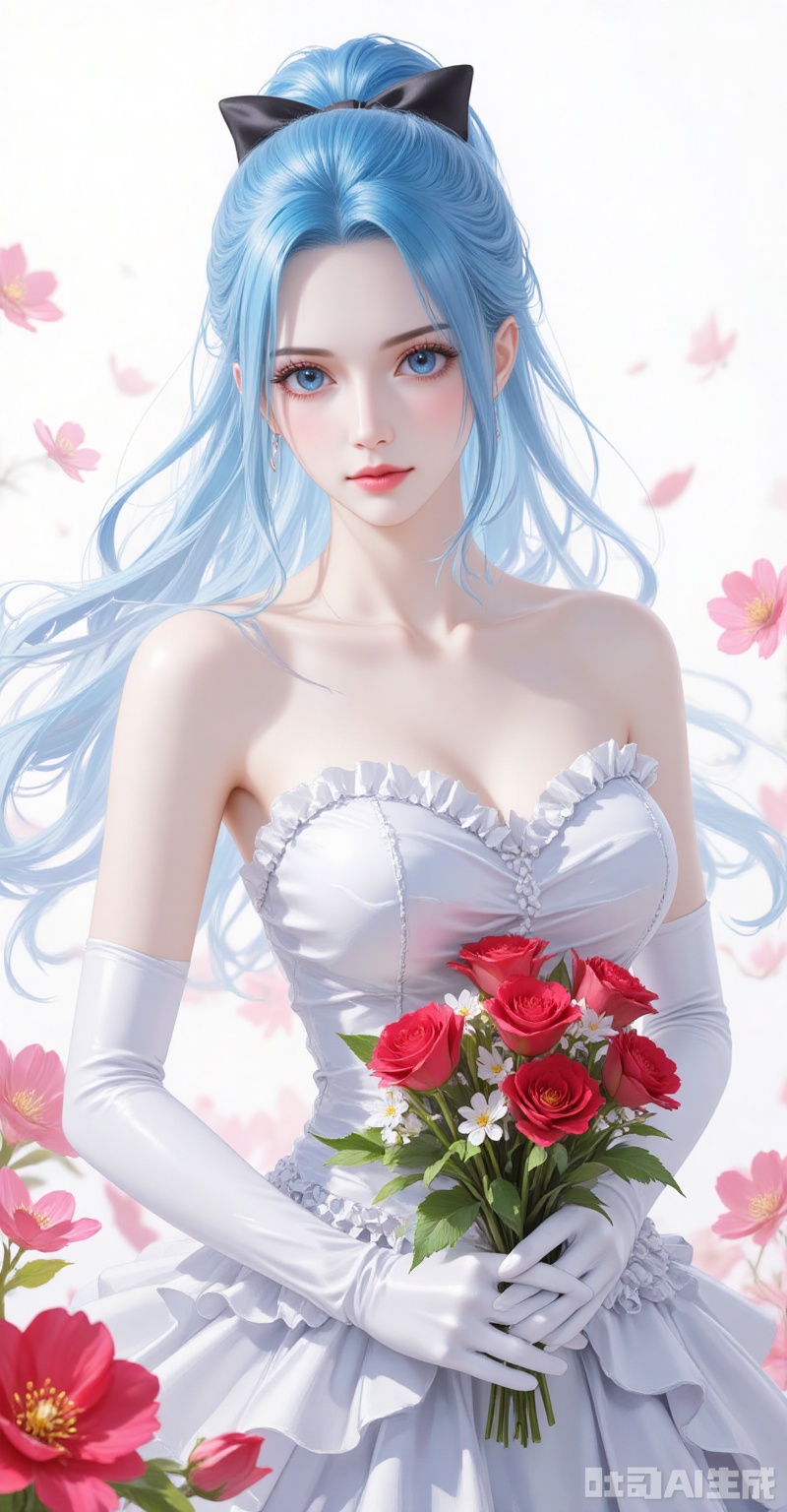 lvjing,baoshi,Nefertari D. Vivi\(one piece\),ponytail,blue hair,blue eyes,long hair,fair_skin,ponytail,blue hair,blue eyes,long hair,fair_skin,
elbow_gloves,frilled_skirt,holding_bouquet,highres,cherry_blossoms,strapless_dress,white_gloves,looking_at_viewer,red_flower,solo,collarbone,own_hands_together,:d,white_background,backlighting,black_bow,bare_shoulders,frilled_dress,hair_bow,wedding_dress,commentary_request,
cover,simple background,gradient_background,Close-up details,outstanding style,adding a touch of dimension to your images without compromising details,close-up,
