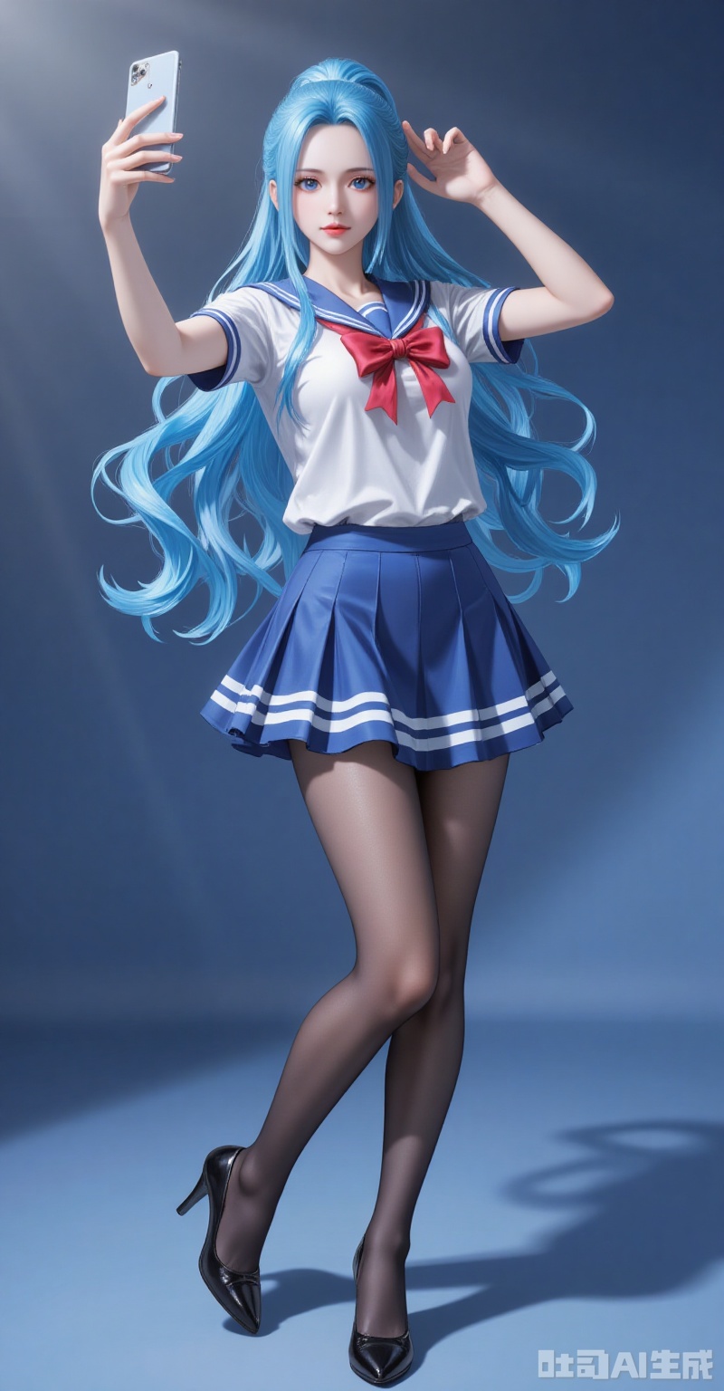 lvjing,baoshi,Nefertari D. Vivi\(one piece\),ponytail,blue hair,blue eyes,long hair,fair_skin,ponytail,blue hair,blue eyes,long hair,fair_skin,
1girl, pantyhose, solo, school uniform, skirt, phone, selfie, cellphone, serafuku, smartphone, holding phone, black pantyhose, high heels, full body, holding, bow, crossed legs, standing, 3/4 view,
cover,simple background,gradient_background,Close-up details,outstanding style,adding a touch of dimension to your images without compromising details,close-up,

