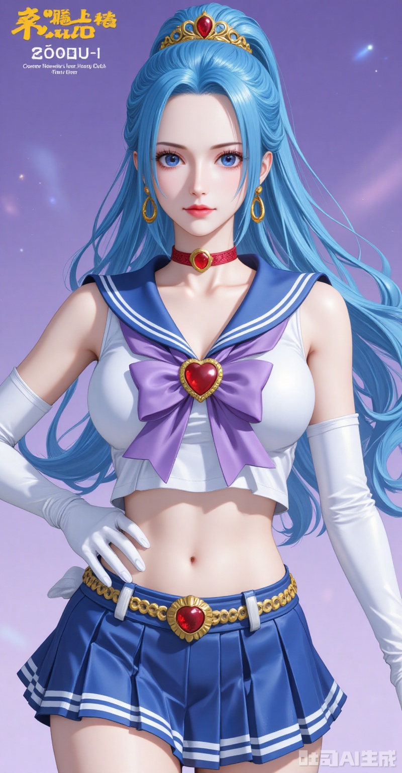 lvjing,baoshi,Nefertari D. Vivi\(one piece\),ponytail,blue hair,blue eyes,long hair,fair_skin,ponytail,blue hair,blue eyes,long hair,fair_skin,
1girl,sailor senshi uniform,solo,jewelry,skirt,gloves,earrings,blue skirt,white gloves,sailor collar,bow,breasts,choker,elbow gloves,magical girl,back bow,covered navel,pleated skirt,looking at viewer,brooch,purple bow,heart brooch,red choker,miniskirt,closed mouth,large breasts,collarbone,red gemstone,tiara,cowboy shot,
cover,simple background,gradient_background,Close-up details,outstanding style,adding a touch of dimension to your images without compromising details,close-up,
