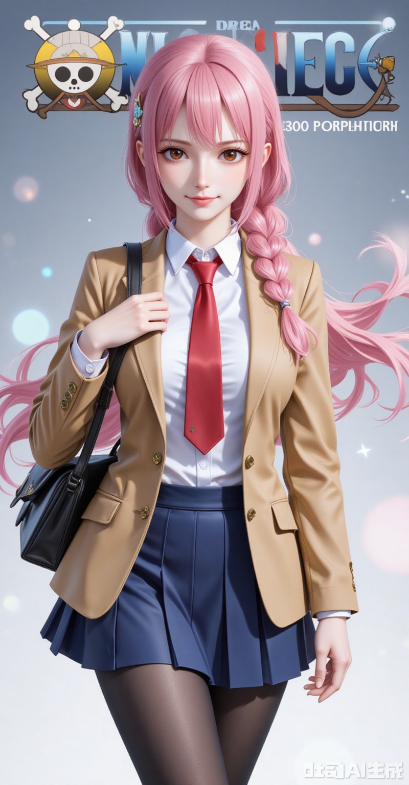 lvjing,Rebecca\(one piece\),pink hair,brown eyes,braided ponytail,braid,long hair,bangs,single braid,
1girl,solo,pantyhose,skirt,necktie,red necktie,hair ornament,school uniform,jacket,bag,smile,looking at viewer,shirt,hairclip,pleated skirt,brown jacket,black pantyhose,school bag,white shirt,blazer,standing,upper_body,blue skirt,long sleeves,collared shirt,
cover,simple background,gradient background,close-up details,outstanding style,adding a touch of dimension to your images without compromising details,close-up,