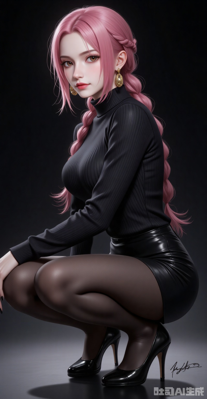 lvjing,Rebecca\(one piece\),pink hair,brown eyes,braided ponytail,braid,long hair,bangs,single braid,
1girl,solo,pantyhose,high heels,looking at viewer,black footwear,squatting,sweater,quad tails,full body,parted lips,black sweater,earrings,signature,black nails,long sleeves,parted bangs,jewelry,pencil skirt,skirt,bangs,turtleneck,nail polish,black pantyhose,dress,(Black background:1.2),simple background,
cover,simple background,gradient background,close-up details,outstanding style,adding a touch of dimension to your images without compromising details,close-up,