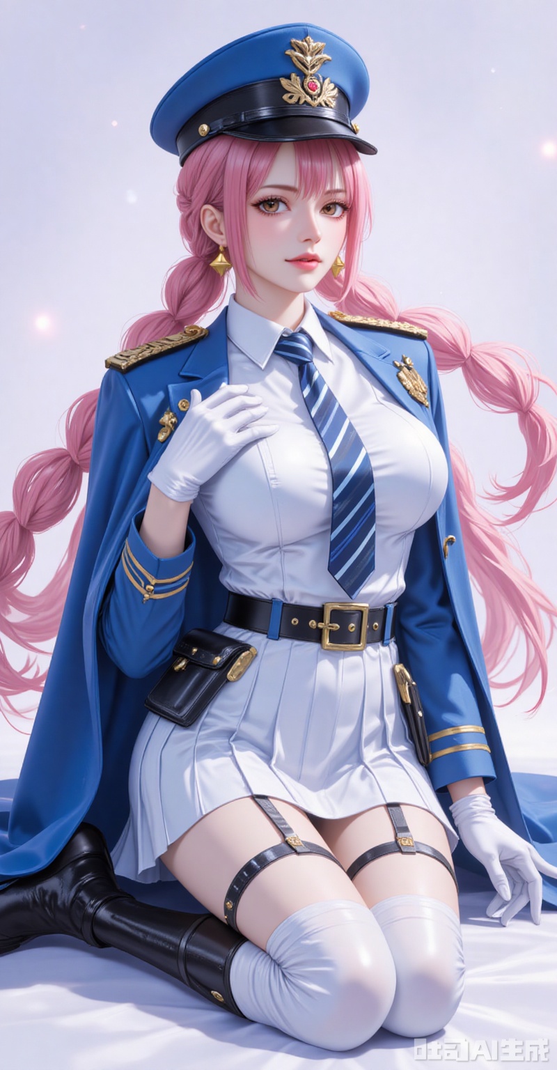 lvjing,Rebecca\(one piece\),pink hair,brown eyes,braided ponytail,braid,long hair,bangs,single braid,
1girl,:d,absurdres,black_belt,black_footwear,blue_coat,blue_hat,blue_jacket,blue_necktie,blush,breasts,coat_on_shoulders,collared_shirt,commentary,diesel_\(nikke\),hair_between_eyes,hand_on_own_chest,highres,knee_boots,long_hair,looking_at_viewer,military_hat,military_uniform,open_mouth,peaked_cap,pleated_skirt,pouch,seiza,sidelocks,skindentation,solo,striped_necktie,thigh_belt,thigh_strap,triangle_earrings,upper_teeth_only,white_gloves,white_shirt,white_skirt,

cover,simple background,gradient background,close-up details,outstanding style,adding a touch of dimension to your images without compromising details,close-up,