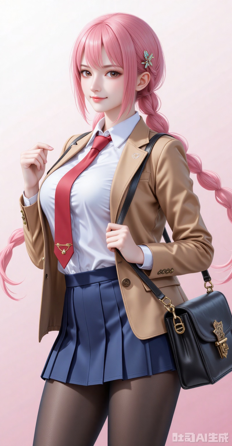 lvjing,Rebecca\(one piece\),pink hair,brown eyes,braided ponytail,braid,long hair,bangs,single braid,
1girl,solo,pantyhose,skirt,necktie,red necktie,hair ornament,school uniform,jacket,bag,smile,looking at viewer,shirt,hairclip,pleated skirt,brown jacket,black pantyhose,school bag,white shirt,blazer,standing,upper_body,blue skirt,long sleeves,collared shirt,
cover,simple background,gradient background,close-up details,outstanding style,adding a touch of dimension to your images without compromising details,close-up,