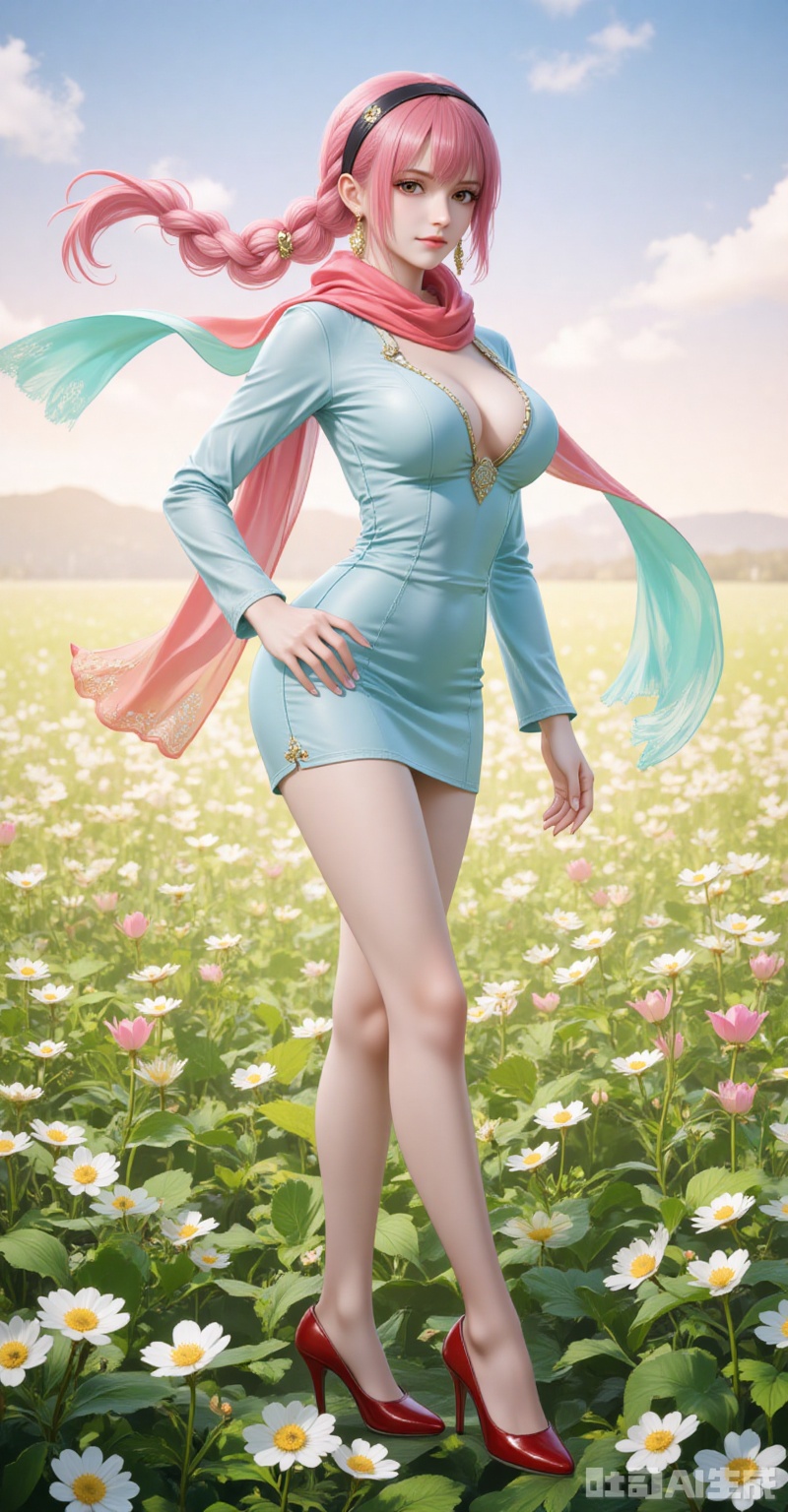 lvjing,Rebecca\(one piece\),pink hair,brown eyes,braided ponytail,braid,long hair,bangs,single braid,
1girl,breasts,solo,flower field,cleavage,scarf,flower,high heels,field,dress,large breasts,hairband,jewelry,long sleeves,outdoors,full body,closed mouth,short dress,red footwear,earrings,looking at viewer,sky,black hairband,
cover,simple background,gradient background,close-up details,outstanding style,adding a touch of dimension to your images without compromising details,close-up,