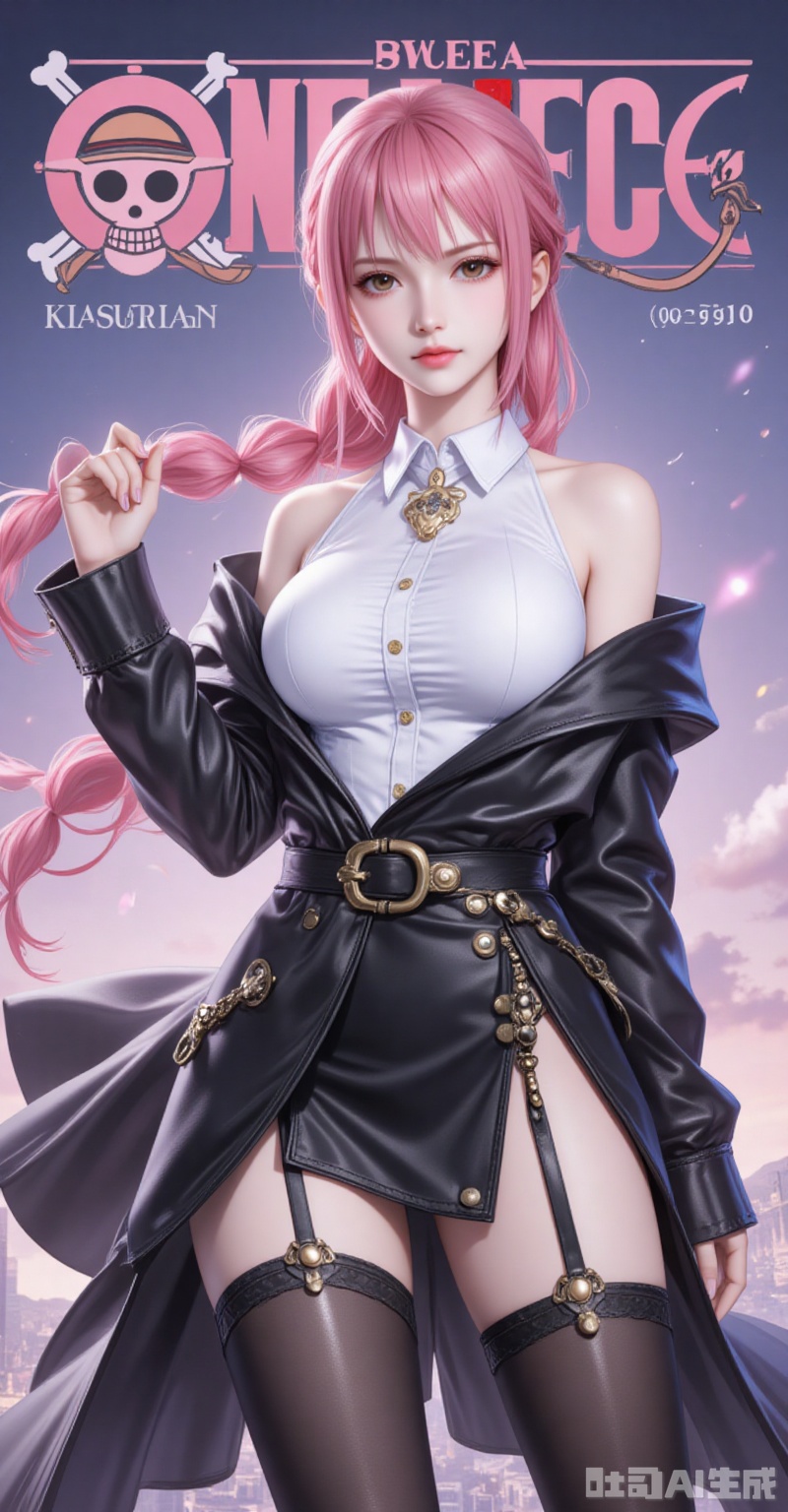 lvjing,Rebecca\(one piece\),pink hair,brown eyes,braided ponytail,braid,long hair,bangs,single braid,
white shirt,black jacket,pantyhose,asymmetrical legwear,bare shoulders,thigh boots black thighhighs,

cover,simple background,gradient background,close-up details,outstanding style,adding a touch of dimension to your images without compromising details,close-up,