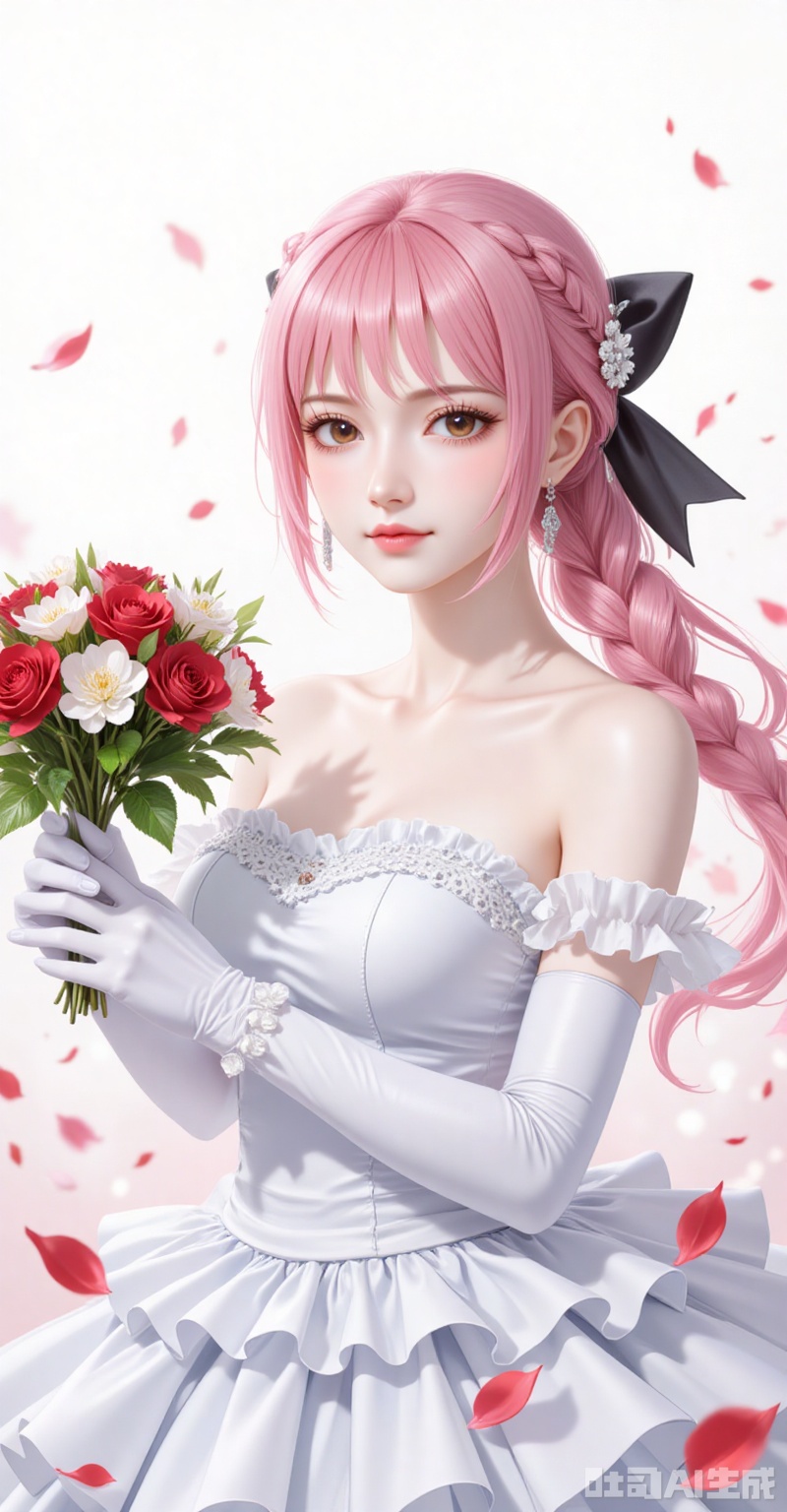 lvjing,Rebecca\(one piece\),pink hair,brown eyes,braided ponytail,braid,long hair,bangs,single braid,
elbow_gloves,frilled_skirt,holding_bouquet,highres,cherry_blossoms,strapless_dress,white_gloves,looking_at_viewer,red_flower,solo,collarbone,own_hands_together,:d,white_background,backlighting,black_bow,bare_shoulders,frilled_dress,hair_bow,wedding_dress,commentary_request,1girl,petals,simple_background,blush,cowboy_shot,
cover,simple background,gradient background,close-up details,outstanding style,adding a touch of dimension to your images without compromising details,close-up,