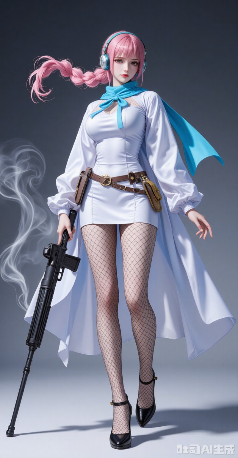 lvjing,Rebecca\(one piece\),pink hair,brown eyes,braided ponytail,braid,long hair,bangs,single braid,
1girl,high heels,pantyhose,weapon,breasts,gun,dress,fishnets,white dress,smoke,large breasts,scarf,holding,looking at viewer,black footwear,blue scarf,holding weapon,holding gun,ribbon,headphones,solo,full body,fishnet pantyhose,neck ribbon,zoom layer,
cover,simple background,gradient background,close-up details,outstanding style,adding a touch of dimension to your images without compromising details,close-up,