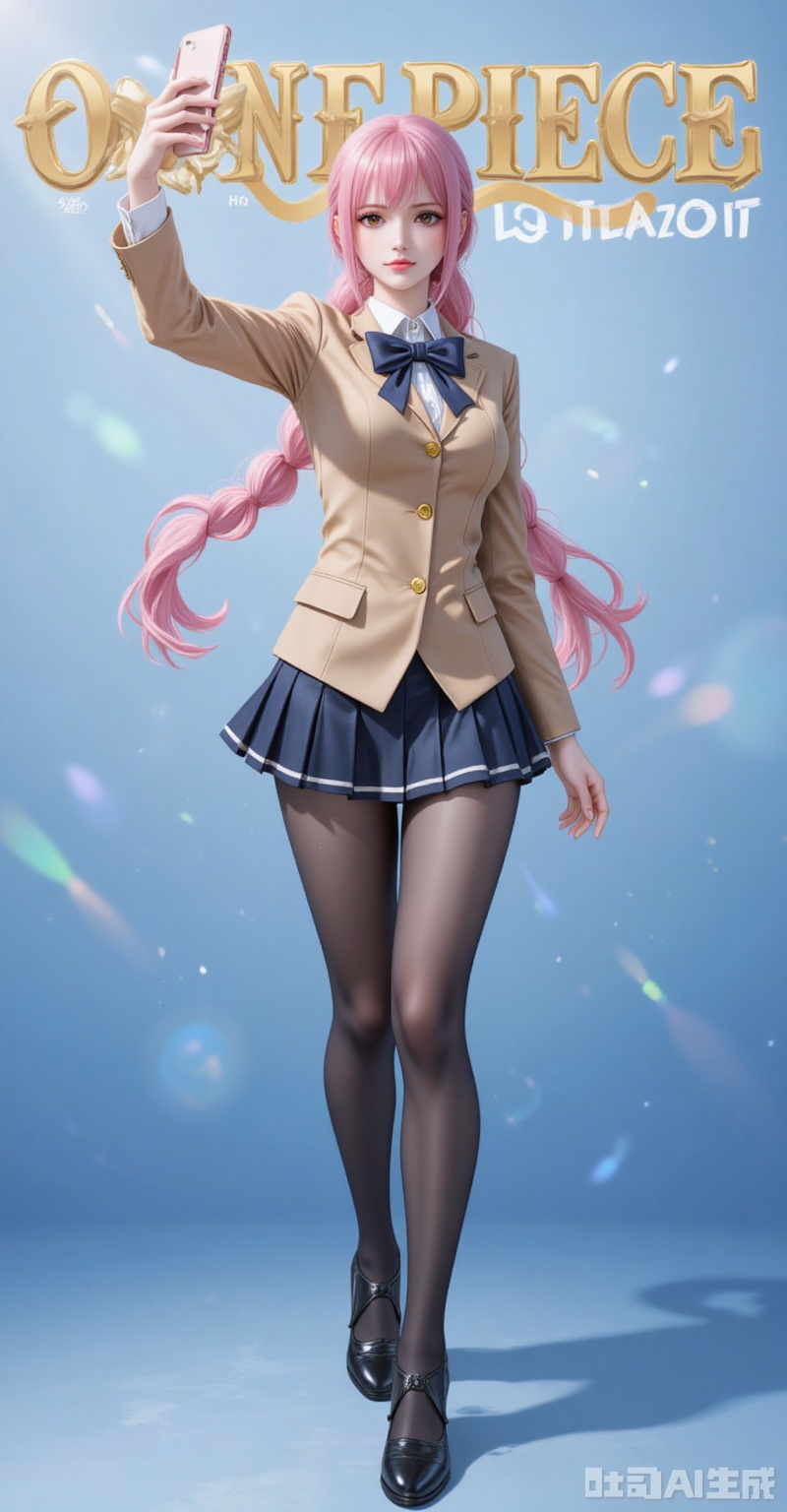 lvjing,Rebecca\(one piece\),pink hair,brown eyes,braided ponytail,braid,long hair,bangs,single braid,
1girl, pantyhose, solo, school uniform, skirt, phone, selfie, cellphone, serafuku, smartphone, holding phone, black pantyhose, high heels, full body, holding, bow, crossed legs, standing, 3/4 view,
cover,simple background,gradient background,close-up details,outstanding style,adding a touch of dimension to your images without compromising details,close-up,