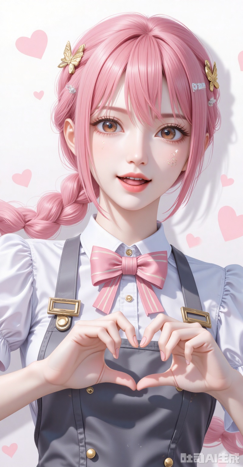 lvjing,Rebecca\(one piece\),pink hair,brown eyes,braided ponytail,braid,long hair,bangs,single braid,
1girl,solo,bandaid on hand,butterfly hair ornament,heart,long hair,apron,open mouth,pink bowtie,hair ornament,white background,pink bow,short sleeves,dress,simple background,bow,striped bow,hair between eyes,bandaid,shadow,puffy sleeves,frills,puffy short sleeves,heart hands,bowtie,hands up,grey apron,smile,looking at viewer,striped bowtie,symbol-shaped pupils,heart-shaped pupils,symbol in eye,tongue,grey bow,
cover,simple background,gradient background,close-up details,outstanding style,adding a touch of dimension to your images without compromising details,close-up,