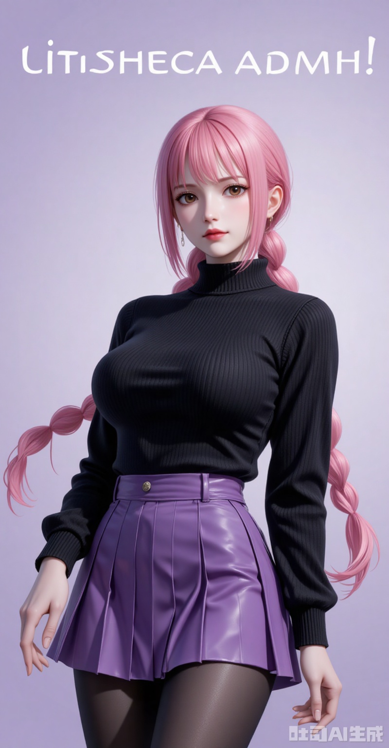 lvjing,Rebecca\(one piece\),pink hair,brown eyes,braided ponytail,braid,long hair,bangs,
1girl,pantyhose,breasts,skirt,solo,ass,large breasts,bangs,black pantyhose,looking at viewer,purple skirt,black sweater,long sleeves,underwear,sweater,turtleneck,pleated skirt,black shirt,
cover,simple background,gradient background,close-up details,outstanding style,adding a touch of dimension to your images without compromising details,close-up,