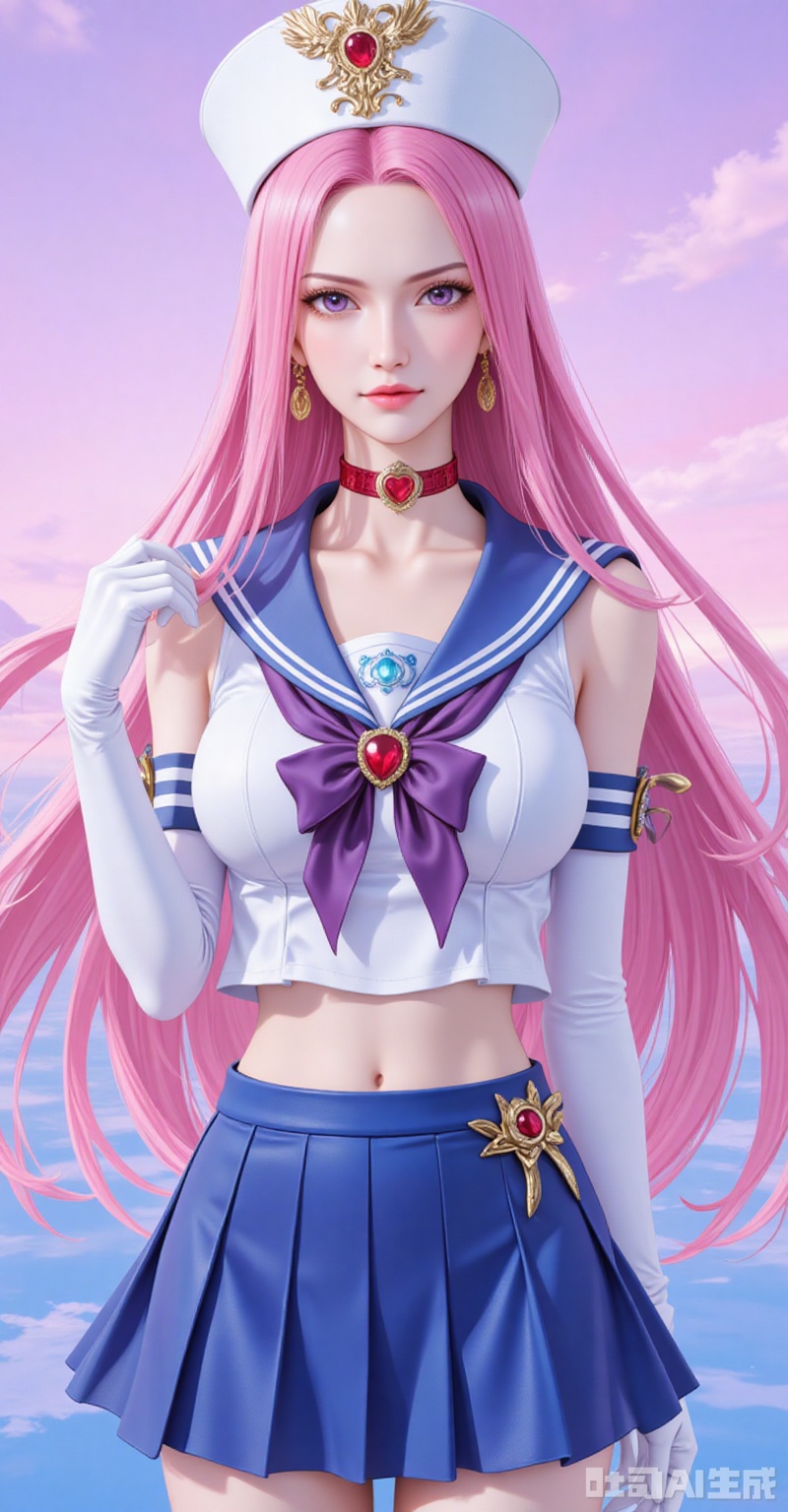 lvjing,Jewelry Bonney\(one piece\),Jewelry Bonney\(one piece\),pink hair,purple eyes,hat,long hair,sharp eyes,
1girl,sailor senshi uniform,solo,jewelry,skirt,gloves,earrings,blue skirt,white gloves,sailor collar,bow,breasts,choker,elbow gloves,magical girl,back bow,covered navel,pleated skirt,looking at viewer,brooch,purple bow,heart brooch,red choker,miniskirt,closed mouth,large breasts,collarbone,red gemstone,tiara,cowboy shot,

cover,simple background,gradient_background,Close-up details,outstanding style,adding a touch of dimension to your images without compromising details,close-up,
